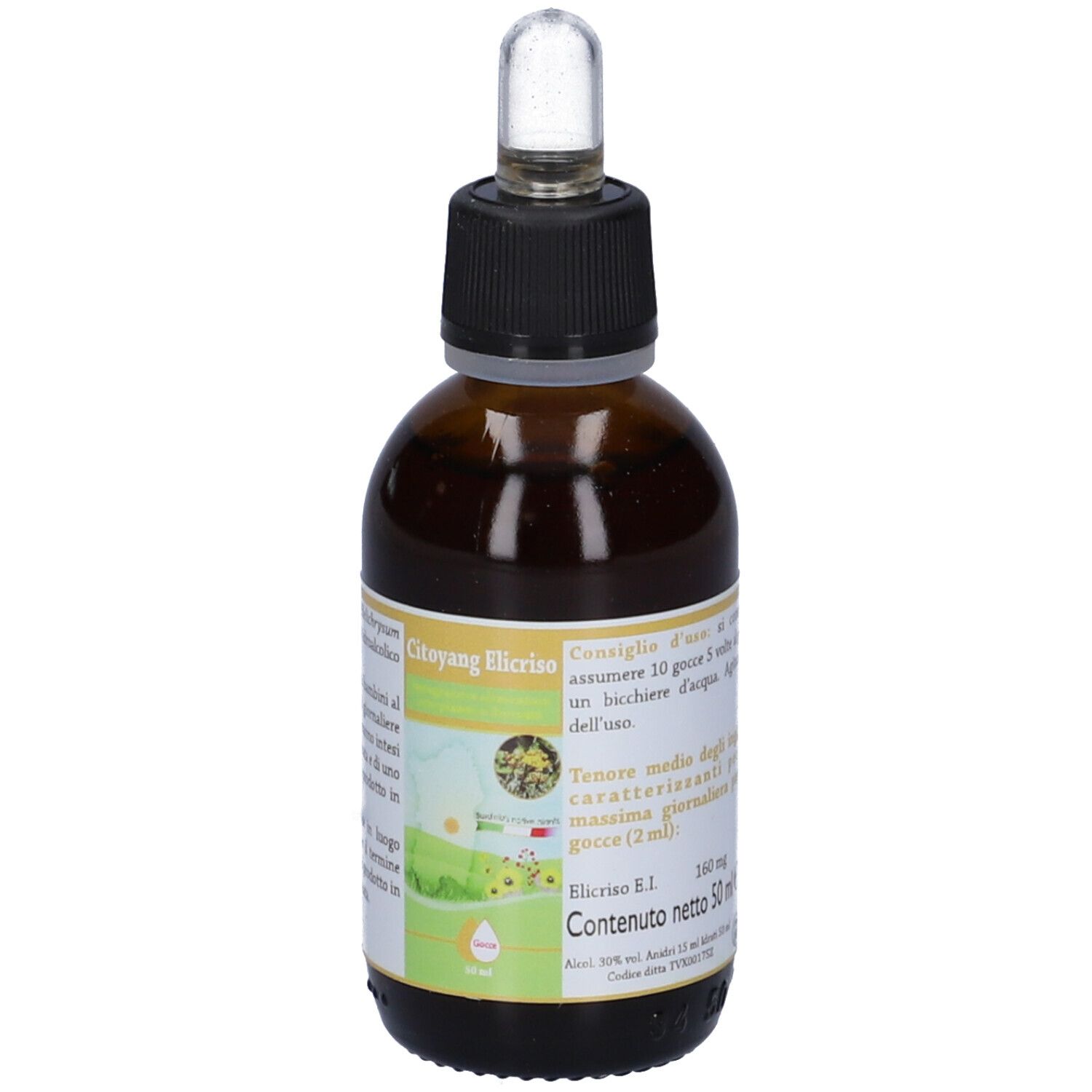 Flacone di vetro marrone con contagocce. Scritta: Citoyang Elicriso, 50 ml. Etichetta con informazioni.