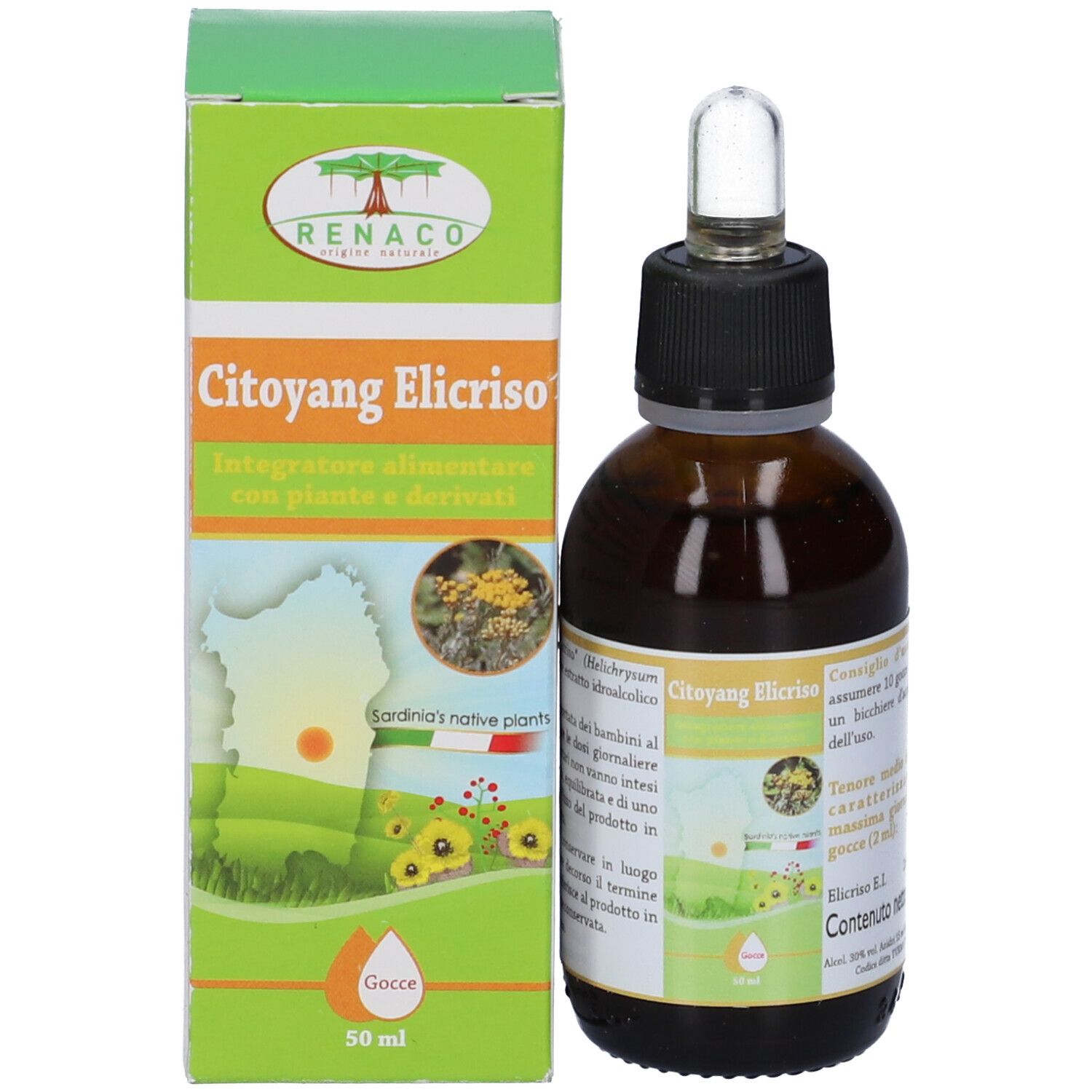 Flacone di vetro marrone con contagocce e confezione verde. Scritta: Citoyang Elicriso, 50 ml.