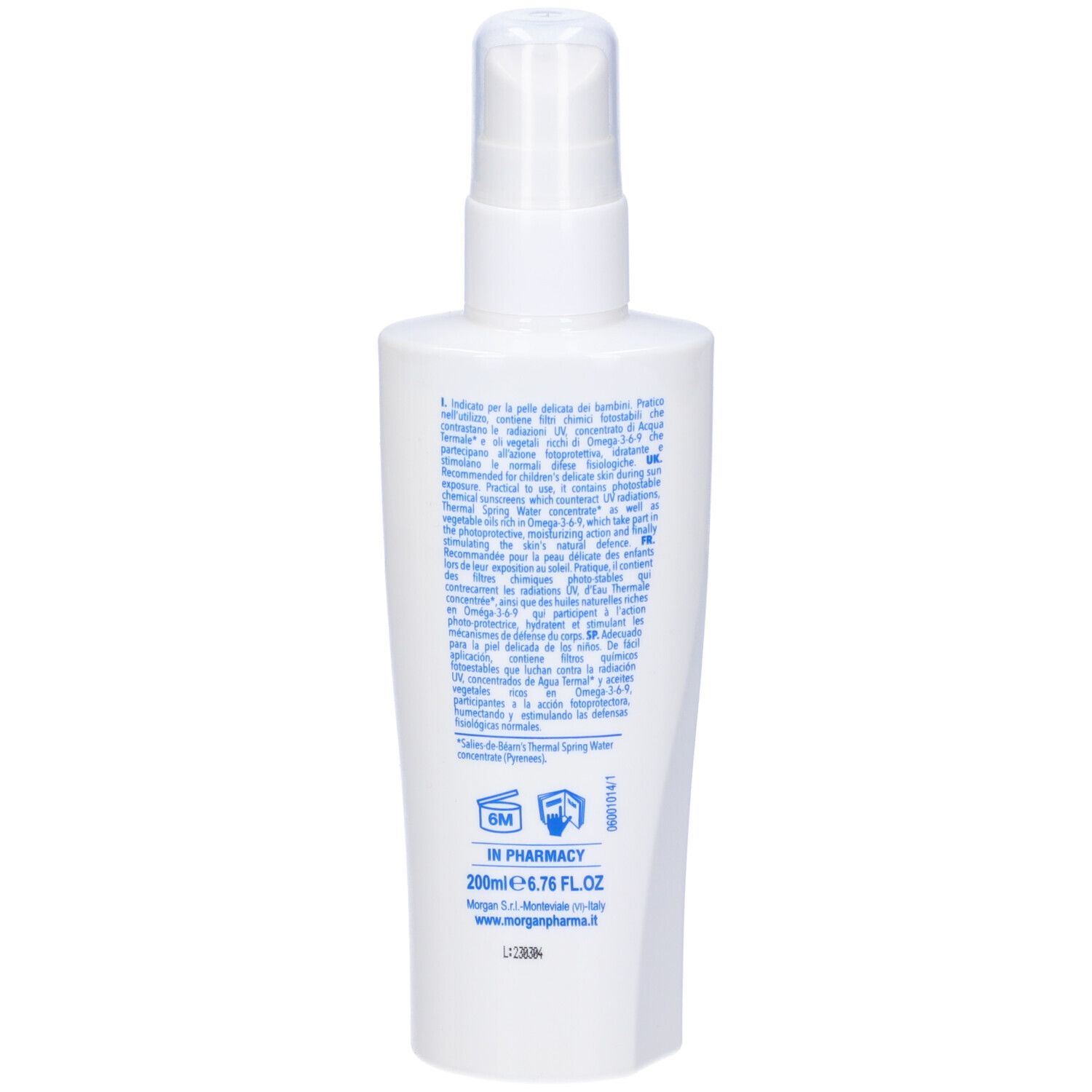 Retro del flacone spray bianco. Testo in italiano e inglese. 200ml, 6.76 FL.OZ.
