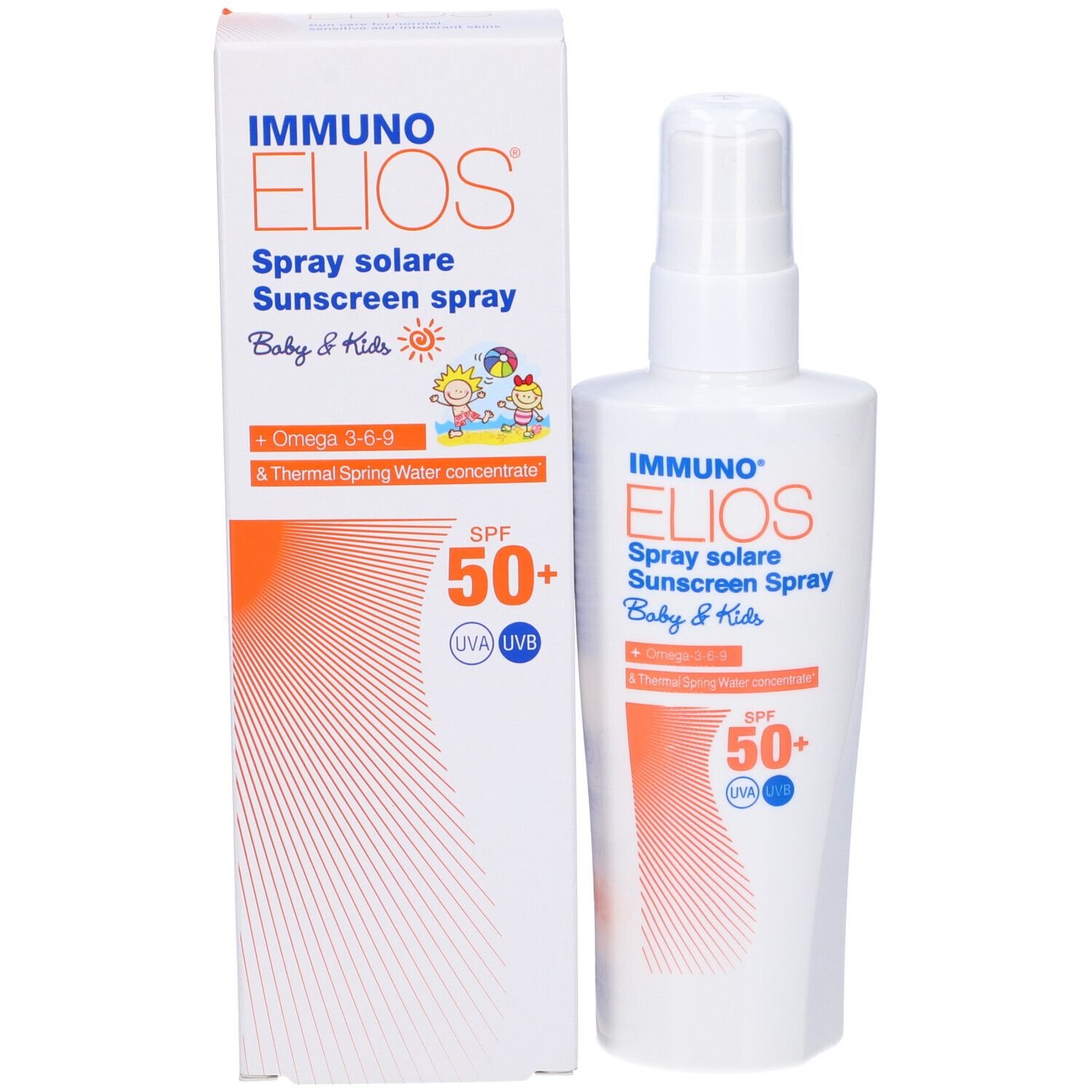 Confezione del prodotto e flacone spray affiancati. IMMUNO ELIOS, Spray solare, SPF 50+.