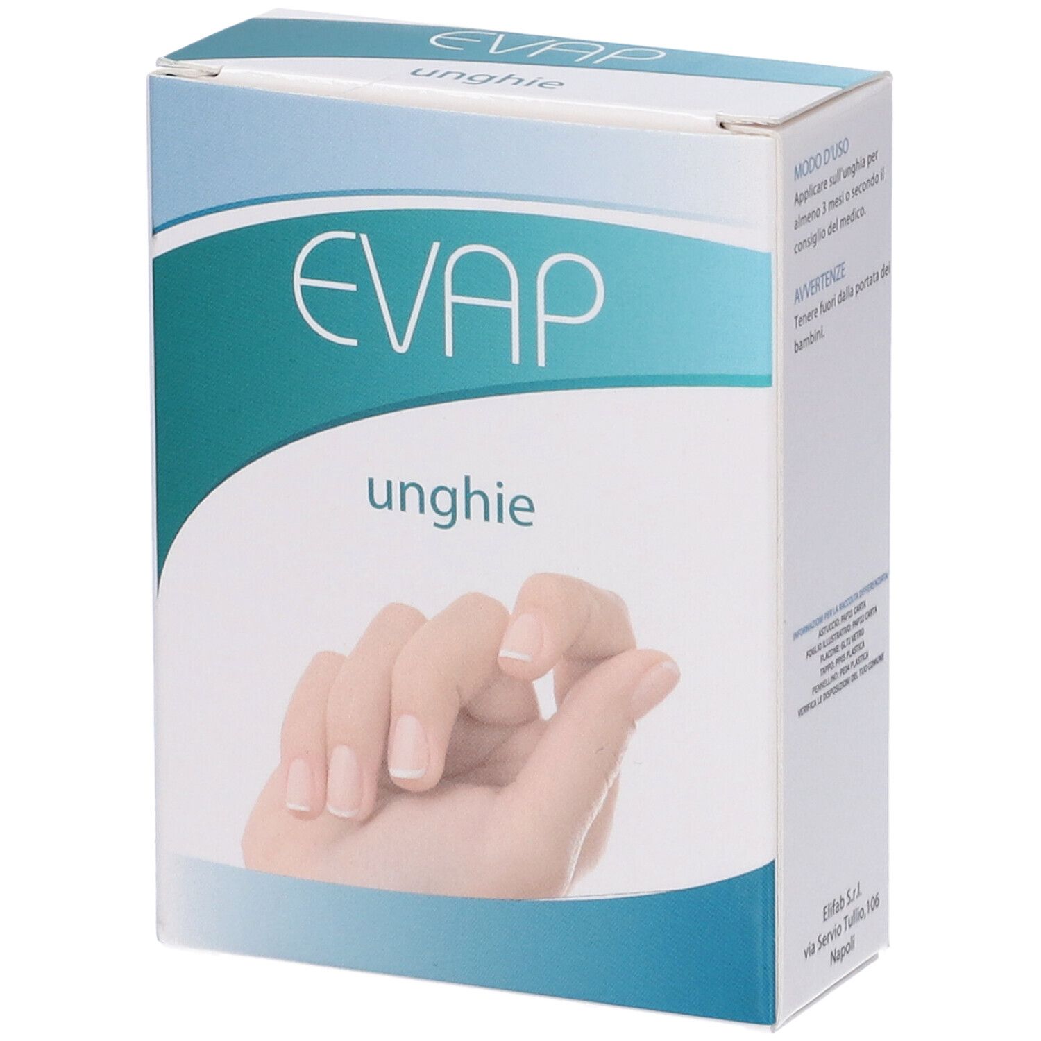 Scatola con EVAP unghie. Sulla scatola è raffigurata una mano. Confezione blu e bianca.