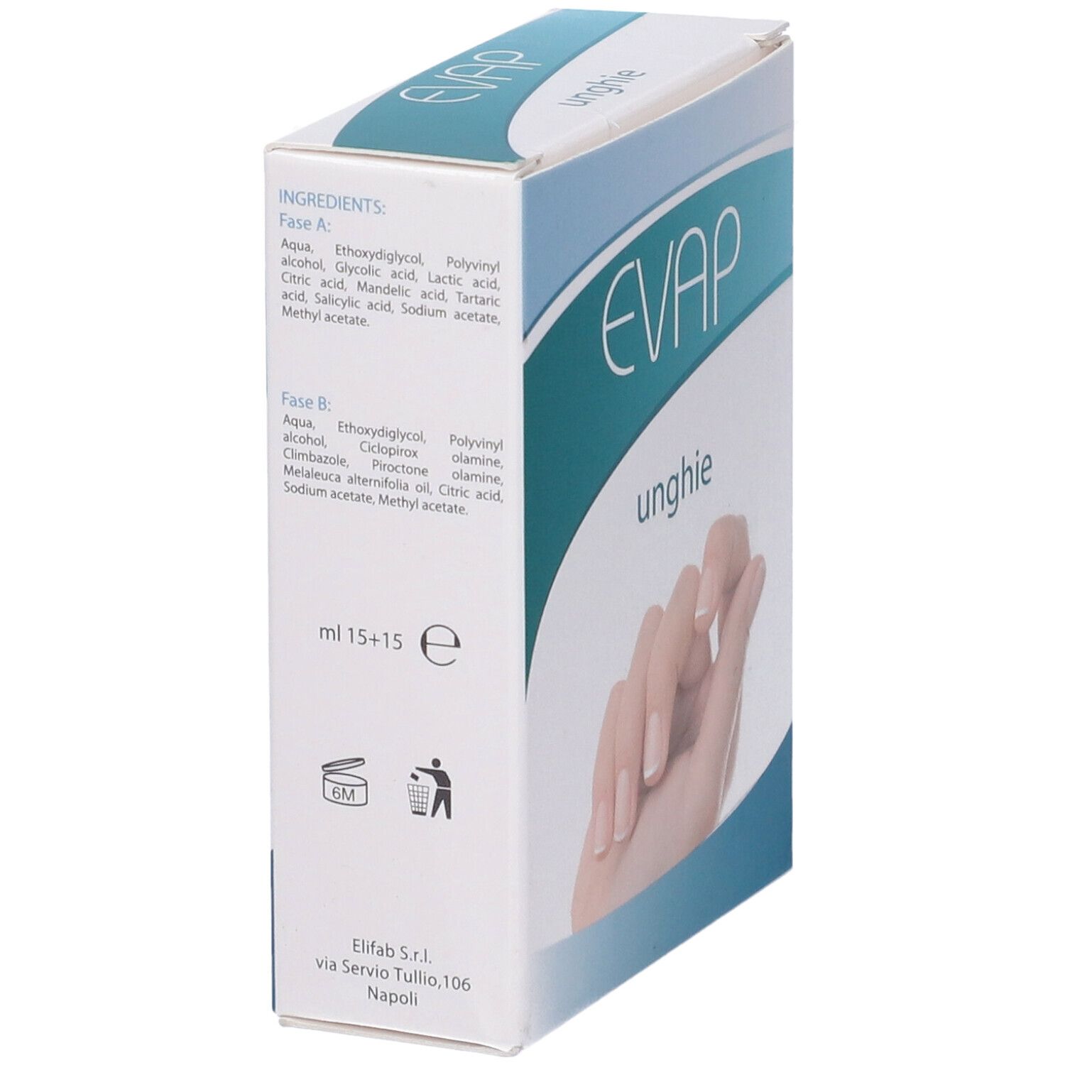 Scatola con EVAP unghie. Sul lato sono indicati gli ingredienti e ml 15+15. Confezione blu e bianca.