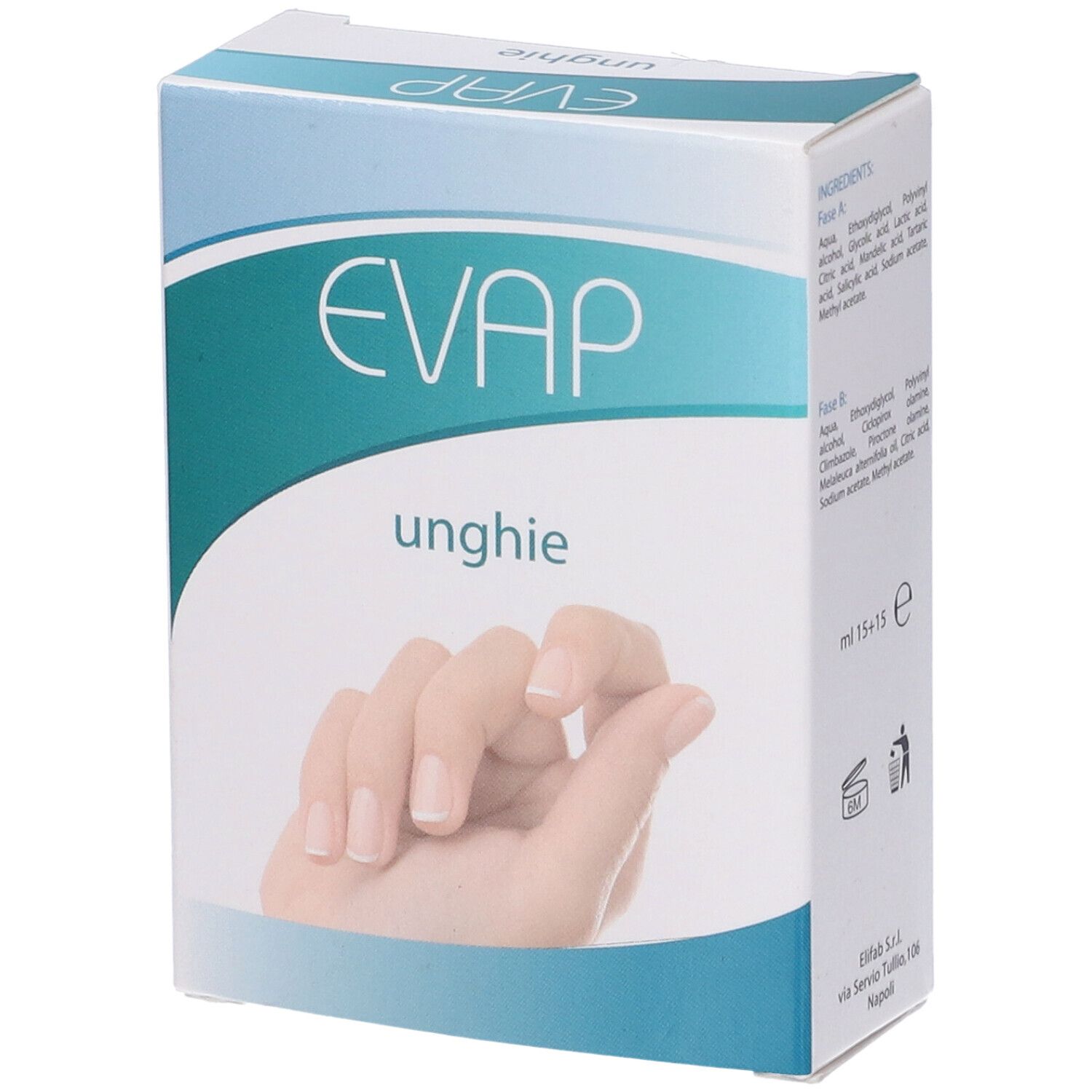 Scatola con EVAP unghie. Sul lato sono indicati gli ingredienti e ml 15+15. Confezione blu e bianca.