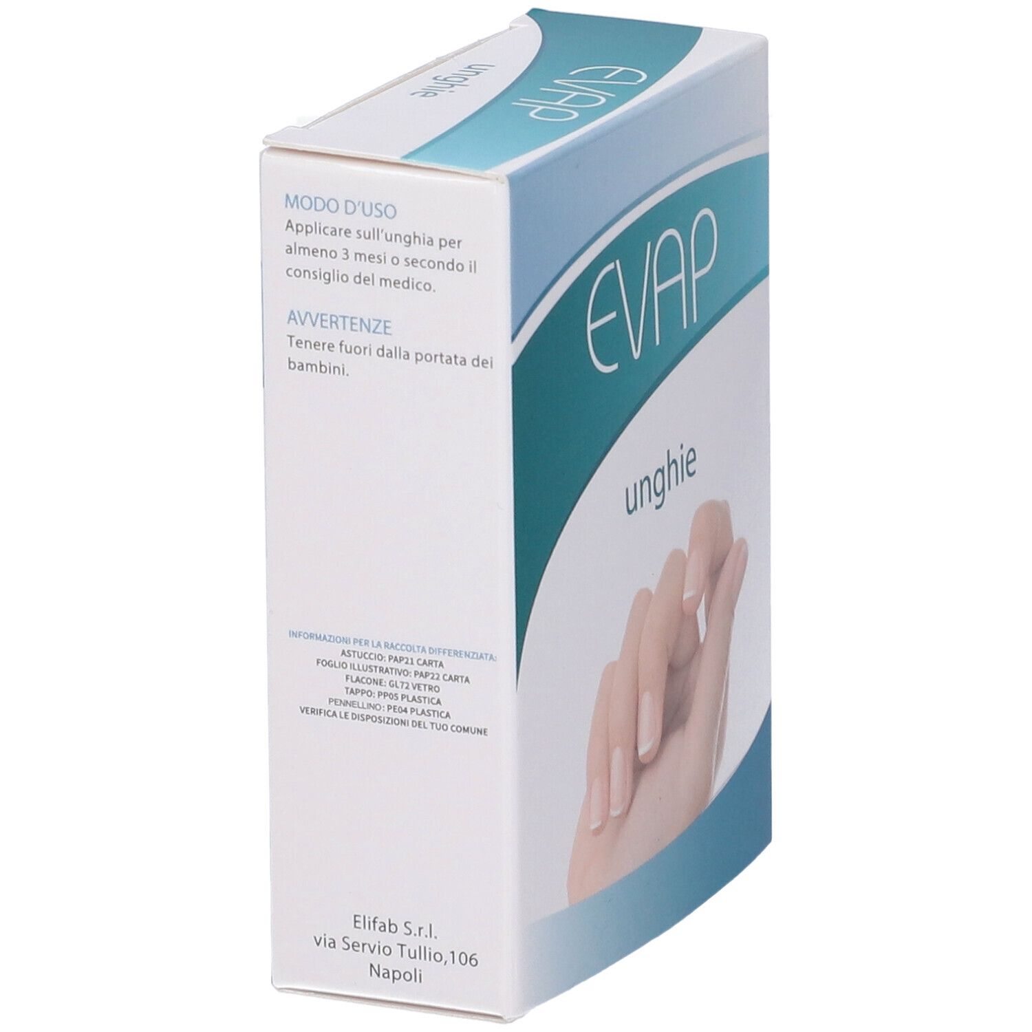 Scatola con EVAP unghie. Sul lato sono presenti le istruzioni per l'uso. Confezione blu e bianca.