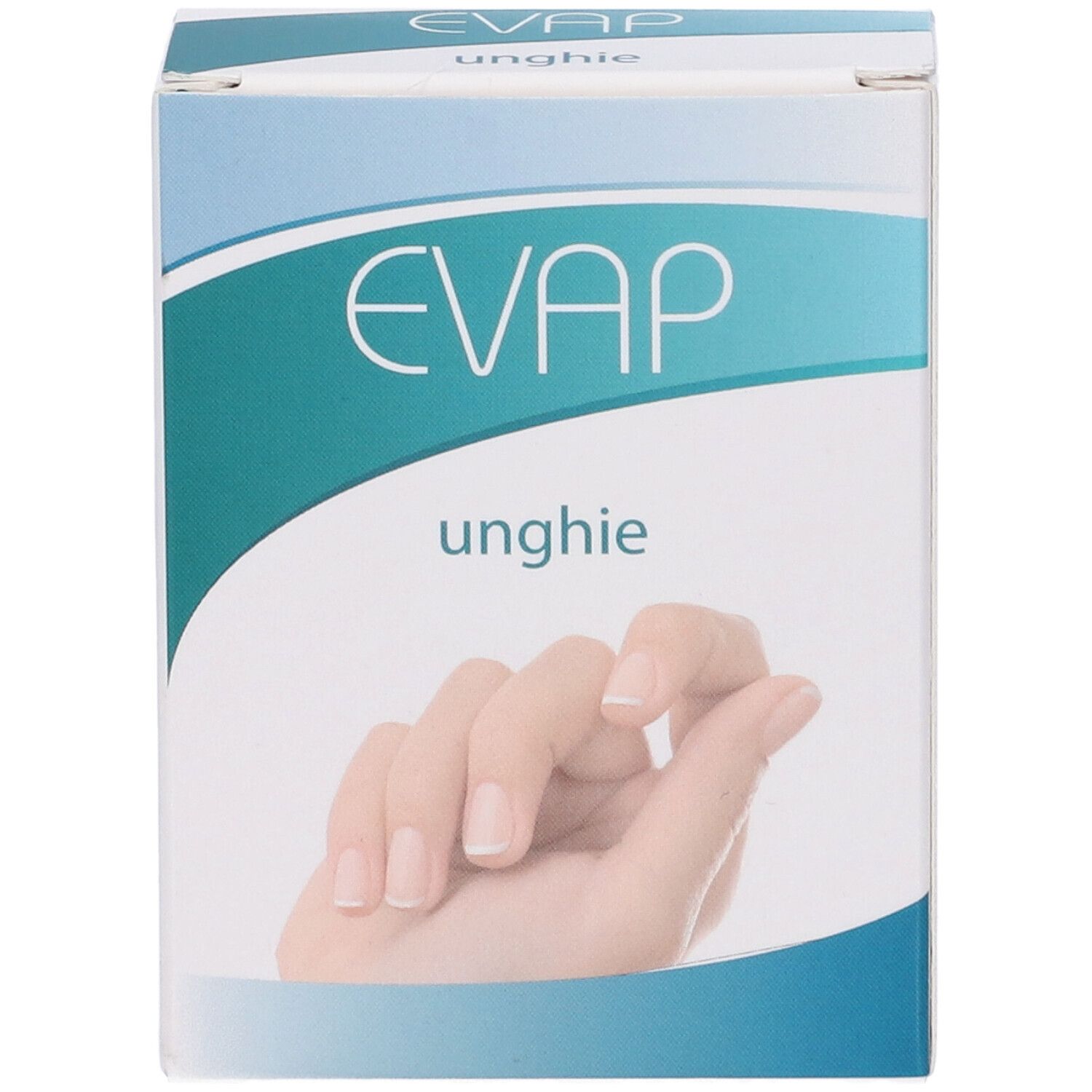 Scatola con EVAP unghie. Sulla scatola è raffigurata una mano. Confezione blu e bianca.