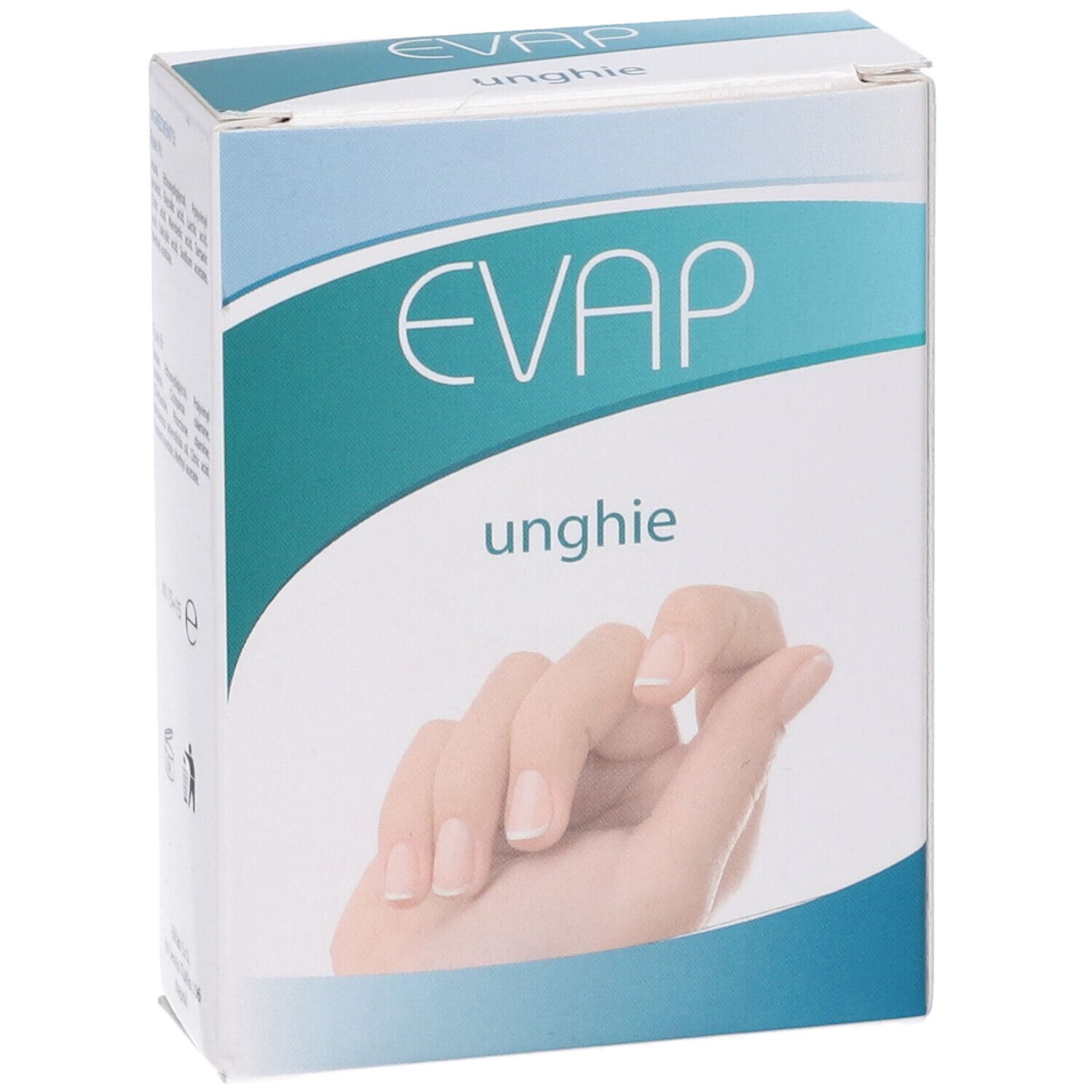 Scatola con EVAP unghie. Sulla scatola è raffigurata una mano. Confezione blu e bianca.