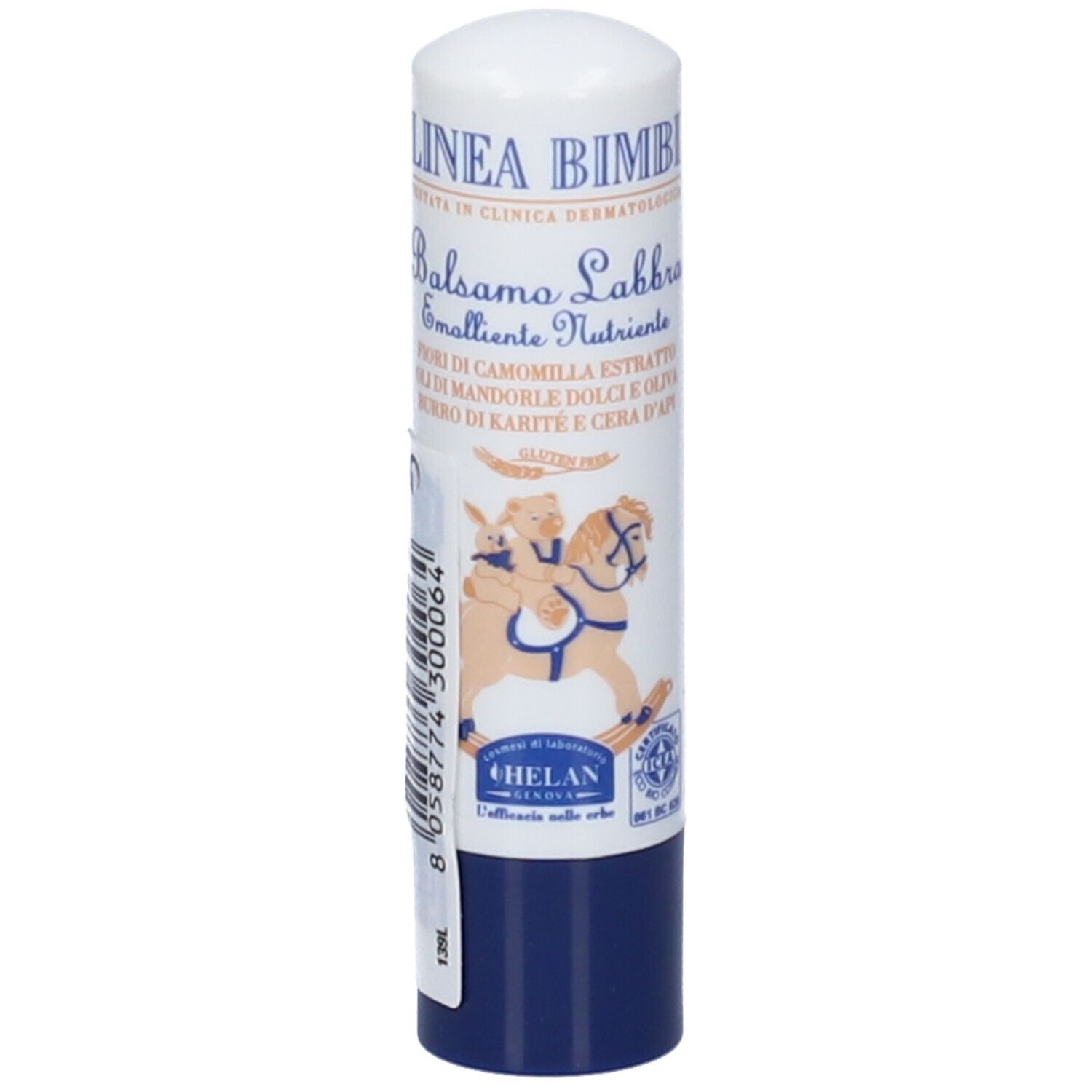 Stick balsamo labbra parzialmente coperto. Design bianco-blu con nome prodotto e illustrazione. Marca: Helan. Codice a barre visibile.