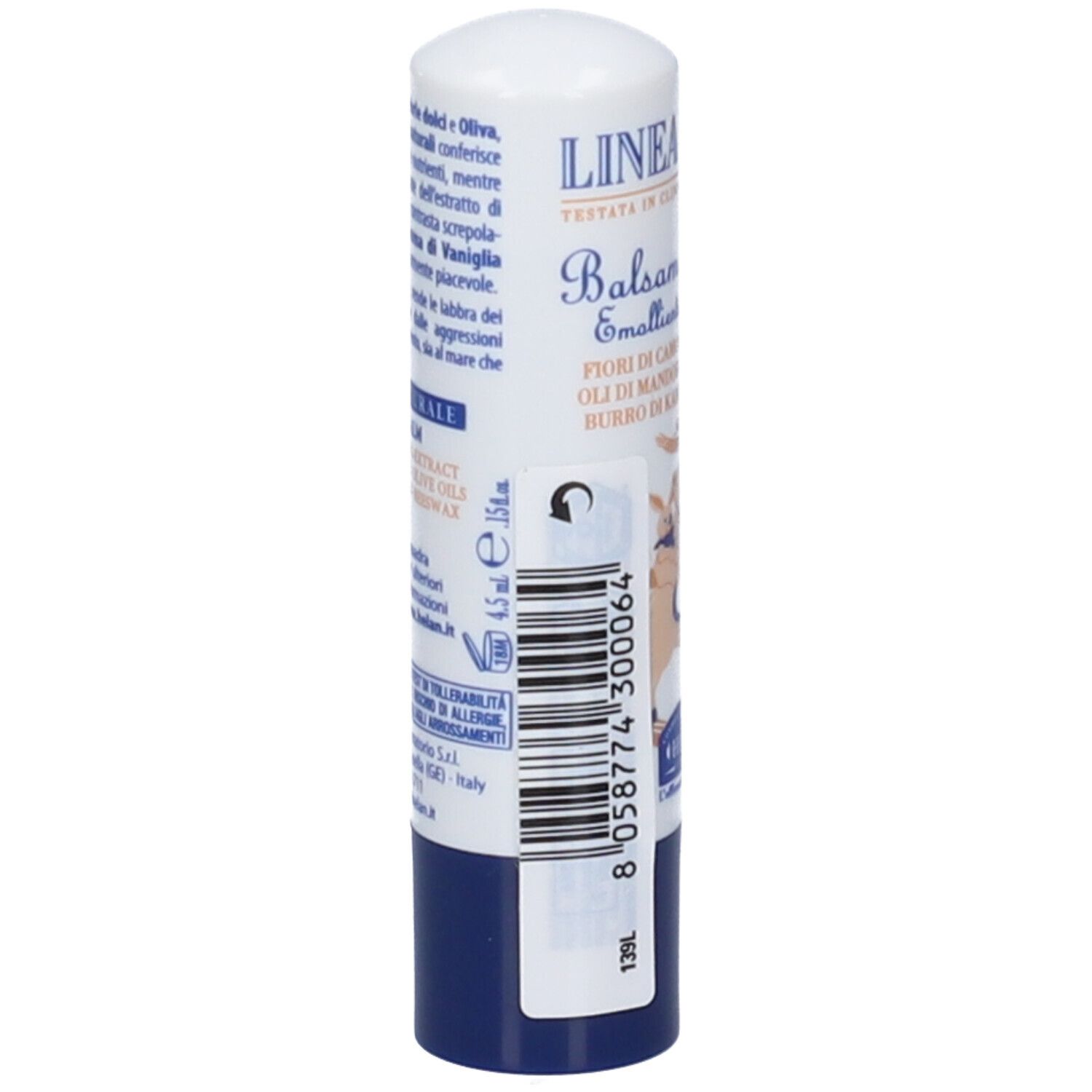 Stick balsamo labbra, retro. Design bianco-blu con informazioni prodotto e codice QR. Marca: Helan. Ingredienti.