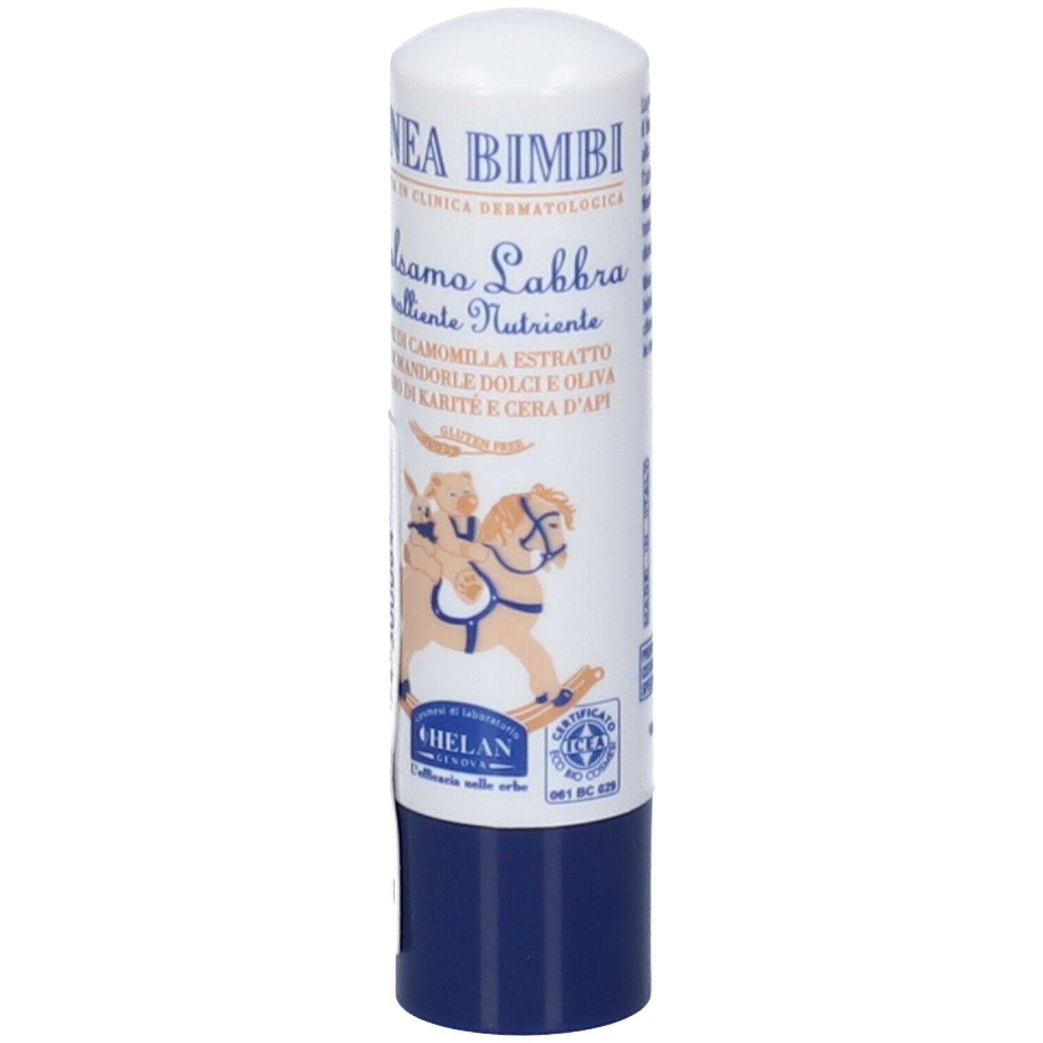 Stick balsamo labbra. Design bianco-blu con nome prodotto e illustrazione. Marca: Helan. Logo di certificazione.