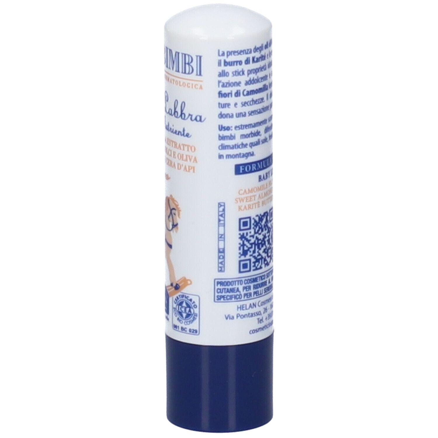 Stick balsamo labbra, retro. Design bianco-blu con informazioni prodotto e codice QR. Marca: Helan. Prodotto in Italia.