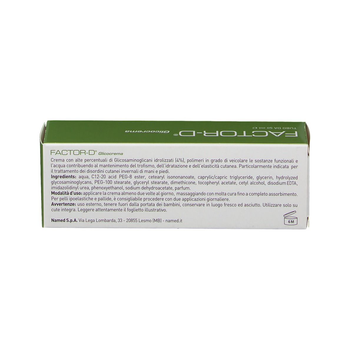 Retro della confezione verde FACTOR-D®. Testo con ingredienti e istruzioni per l'uso. Logo Named.