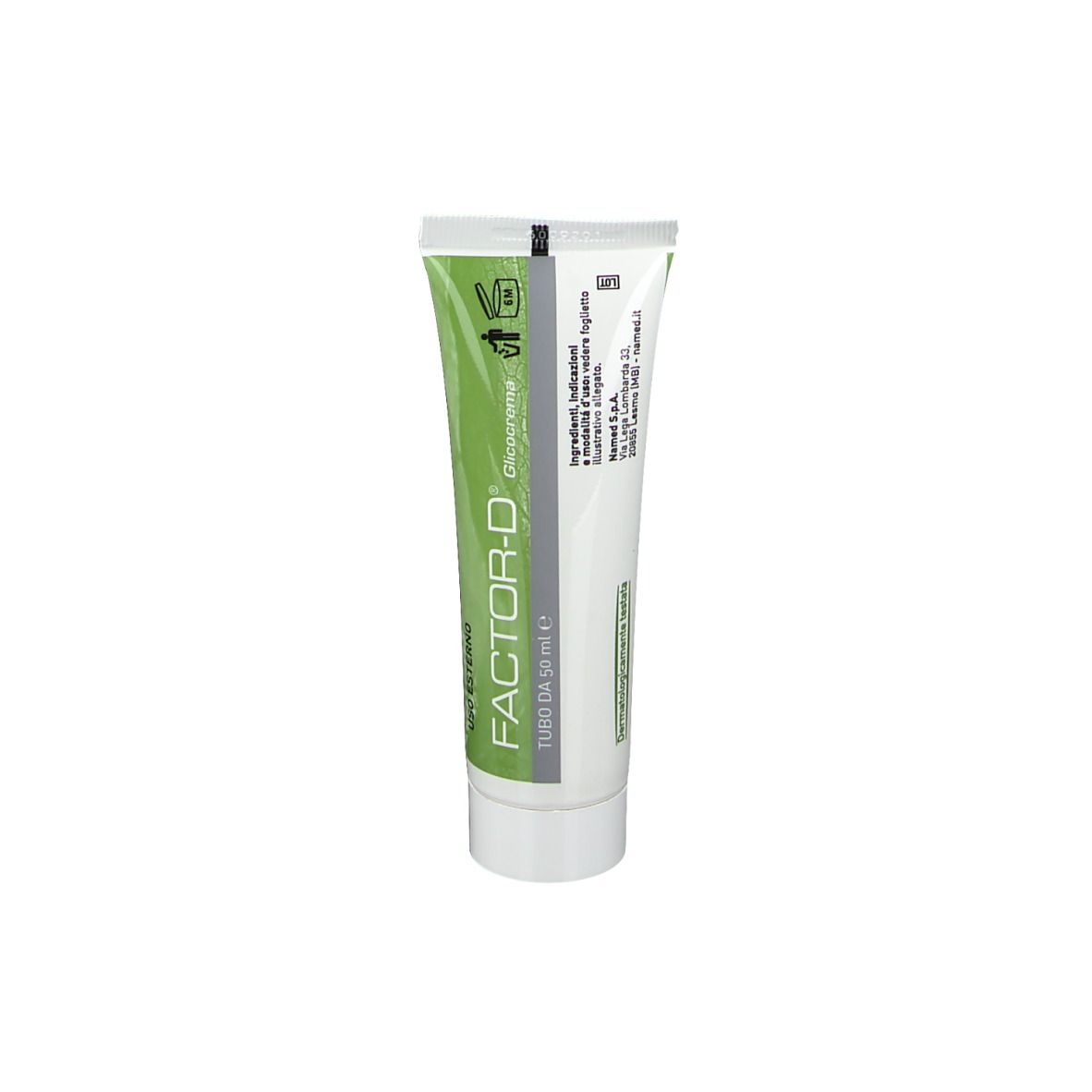 Tubo di crema FACTOR-D® con fascia verde. Scritta: 50 ml. Simboli di utilizzo e smaltimento.