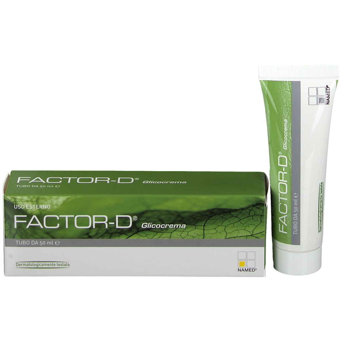 Confezione e tubo FACTOR-D®. Confezione verde con testo bianco. Tubo con fascia verde. 50 ml.