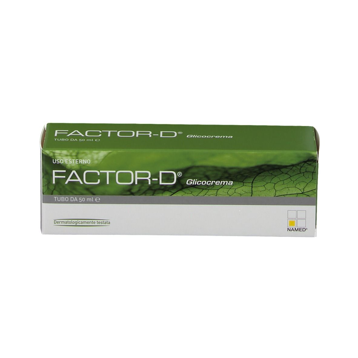 Confezione verde FACTOR-D® con testo bianco. Scritta: USO ESTERNO. Dermatologicamente testato.