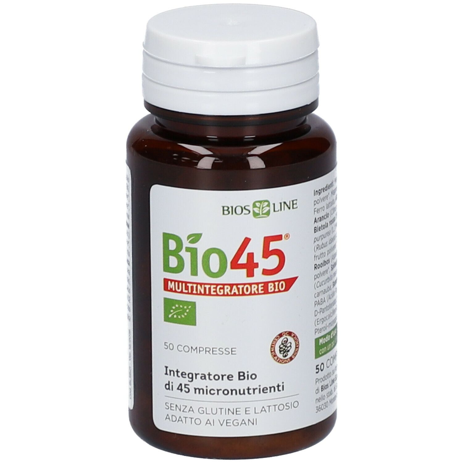 Flacone marrone con tappo bianco e compresse. Scritta: Bio45, Multintegratore Bio, 50 compresse.