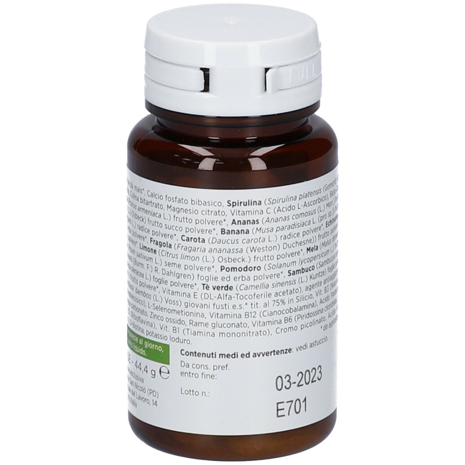 Flacone marrone con tappo bianco e compresse. Retro con ingredienti e data di scadenza.