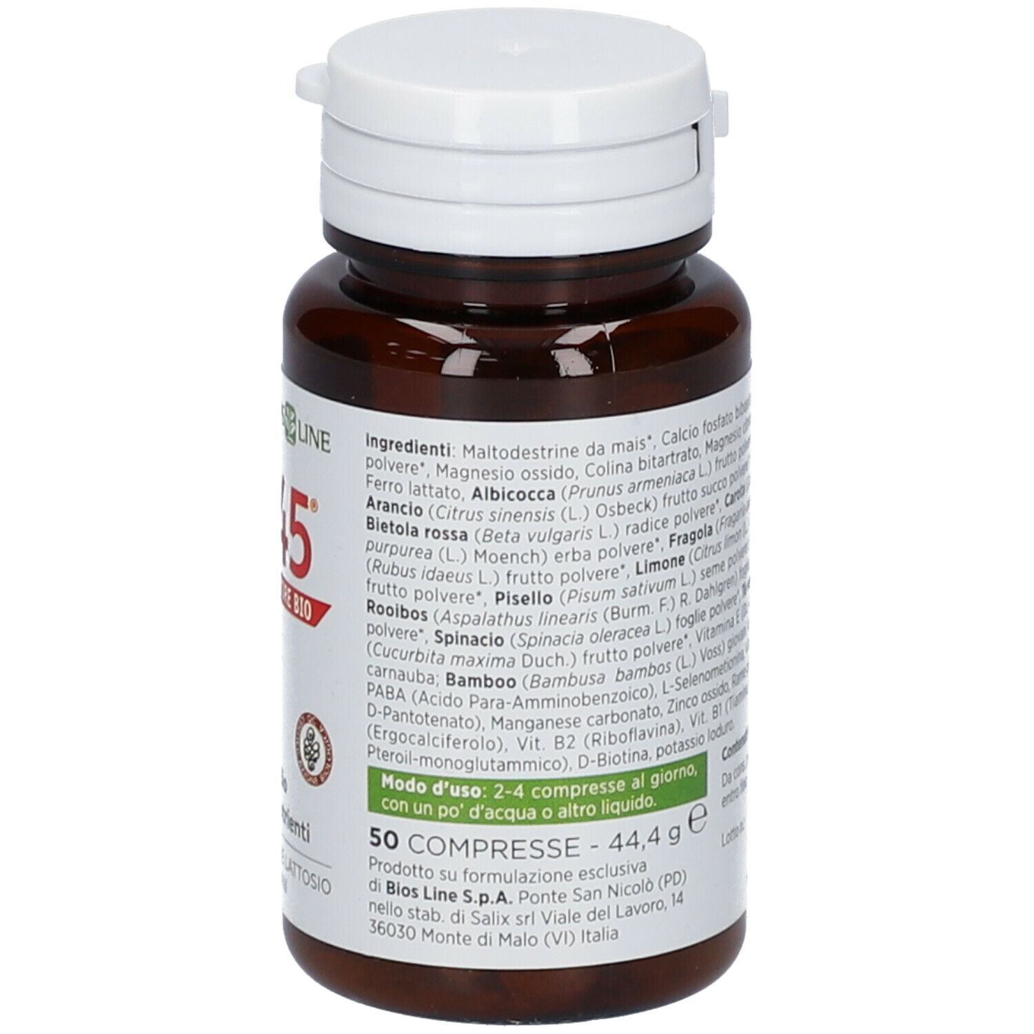 Flacone marrone con tappo bianco e compresse. Retro con ingredienti e data di scadenza.