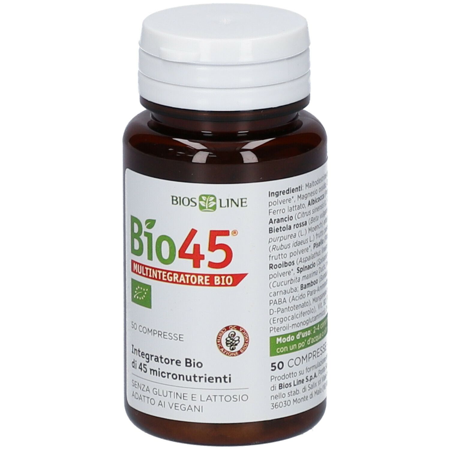 Flacone marrone con tappo bianco e compresse. Scritta: Bio45, Multintegratore Bio, 50 compresse.
