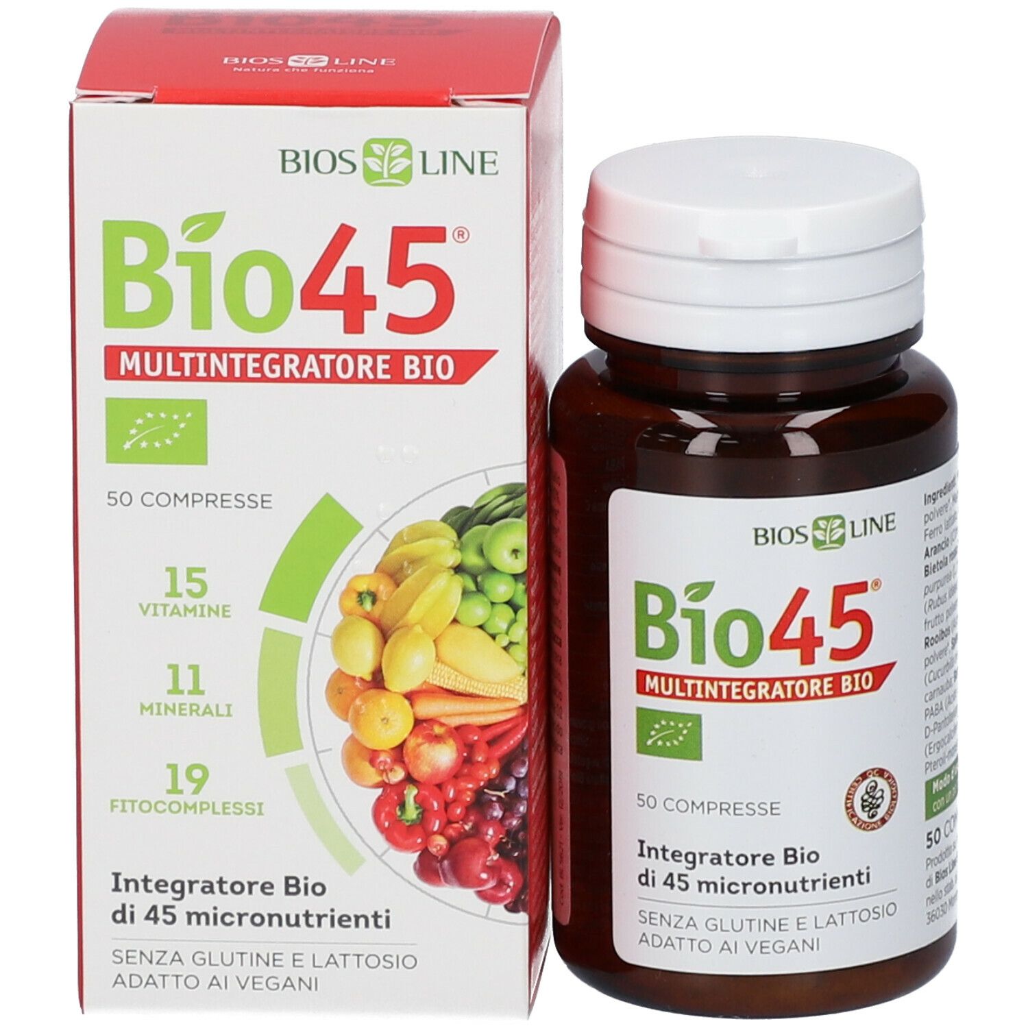 Flacone marrone con tappo bianco e compresse. Confezione rossa e bianca con nome e ingredienti del prodotto.