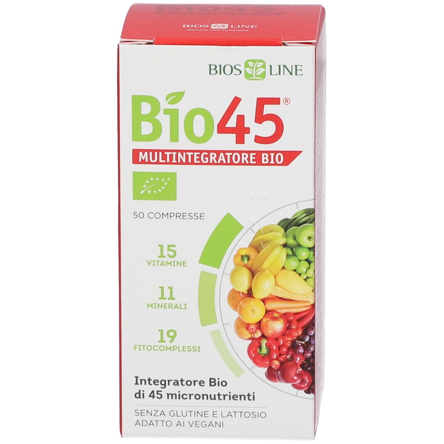 Confezione rossa e bianca con flacone marrone e compresse. Nome del prodotto e ingredienti.