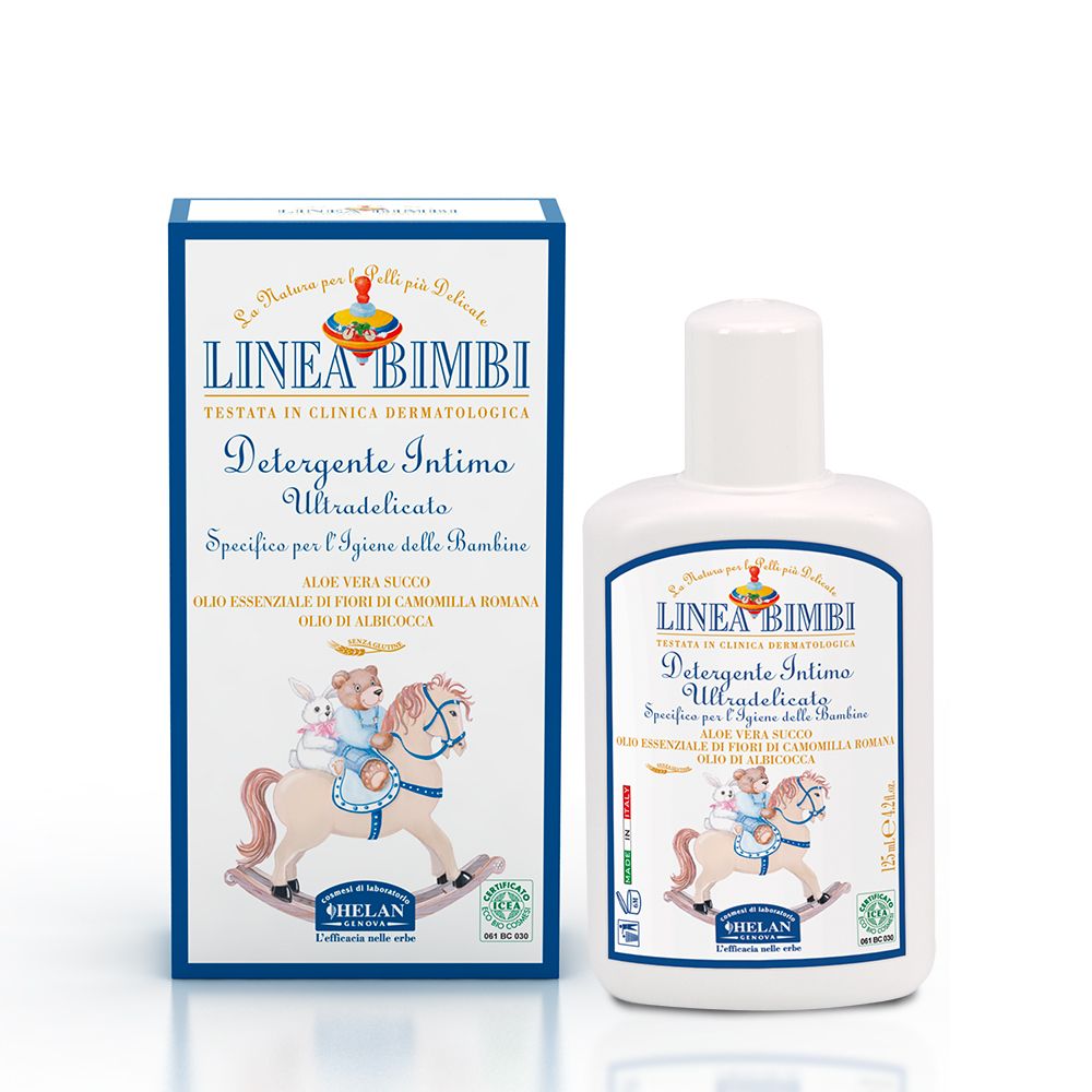 Prodotto e confezione. Scritta: LINEA BIMBI Detergente Intimo. Con illustrazione di un cavallo a dondolo.