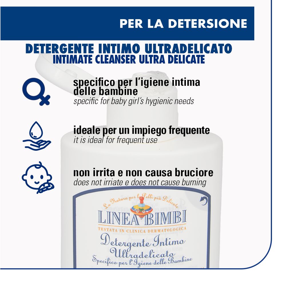 Flacone con prodotto. Scritta: LINEA BIMBI Detergente Intimo. Testo: Per l'igiene intima. Su sfondo bianco.