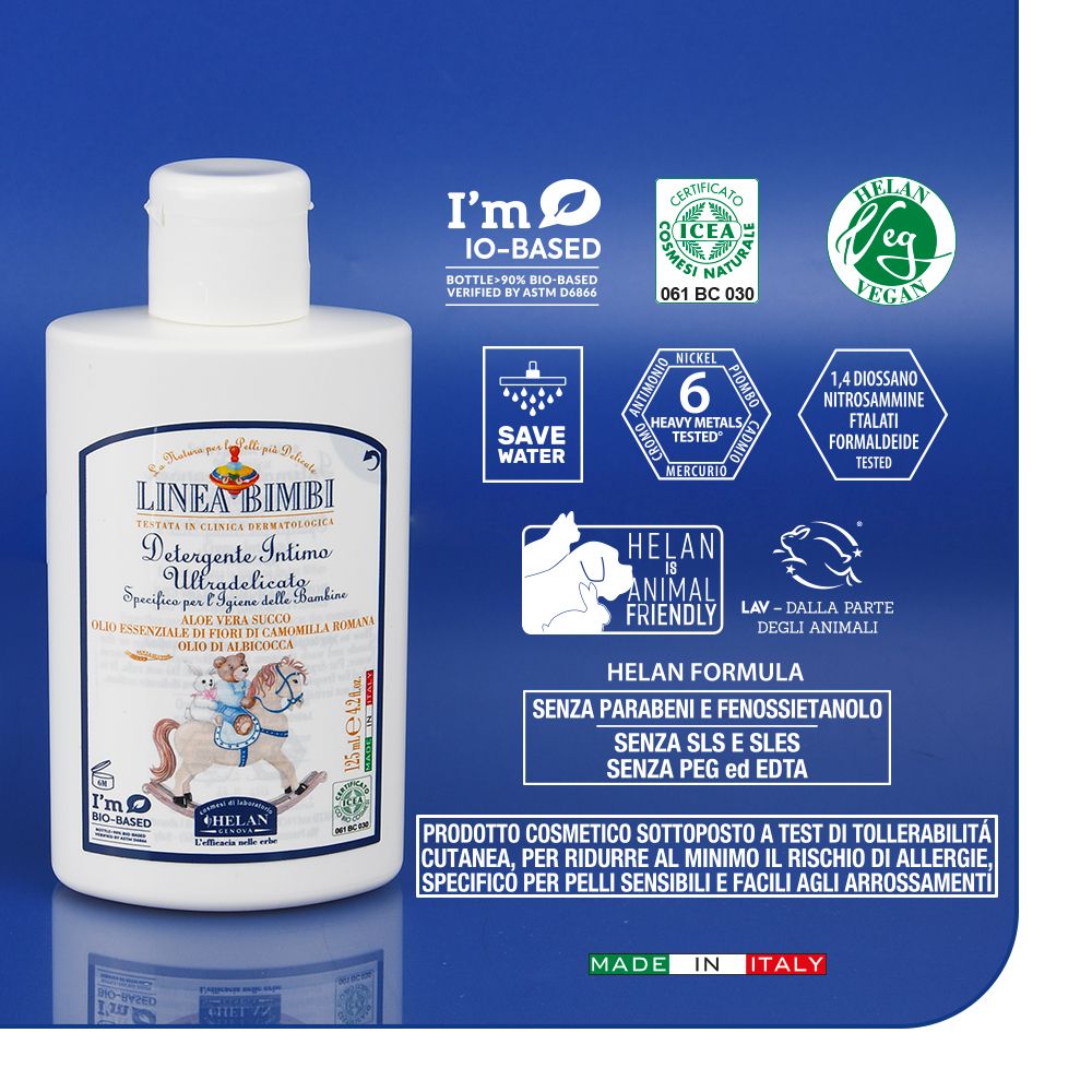 Flacone con prodotto. Scritta: LINEA BIMBI Detergente Intimo. Con certificazioni e loghi. Sfondo bianco.
