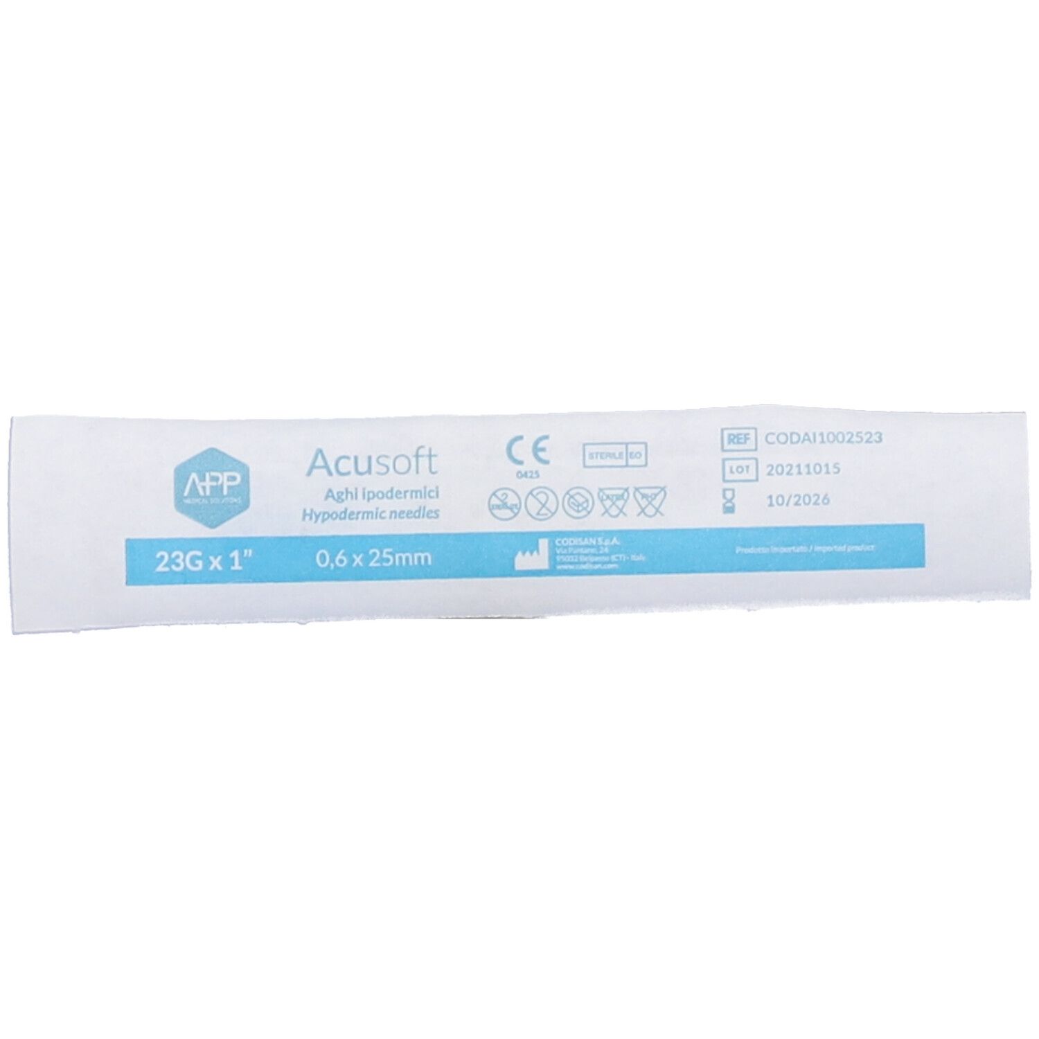 Ago Ipodermico Acusoft Cono Luer Parete Ultrasottile Gauge 23 Lunghezza 25 Mm Codice Colore Azzurro Monouso Sterile