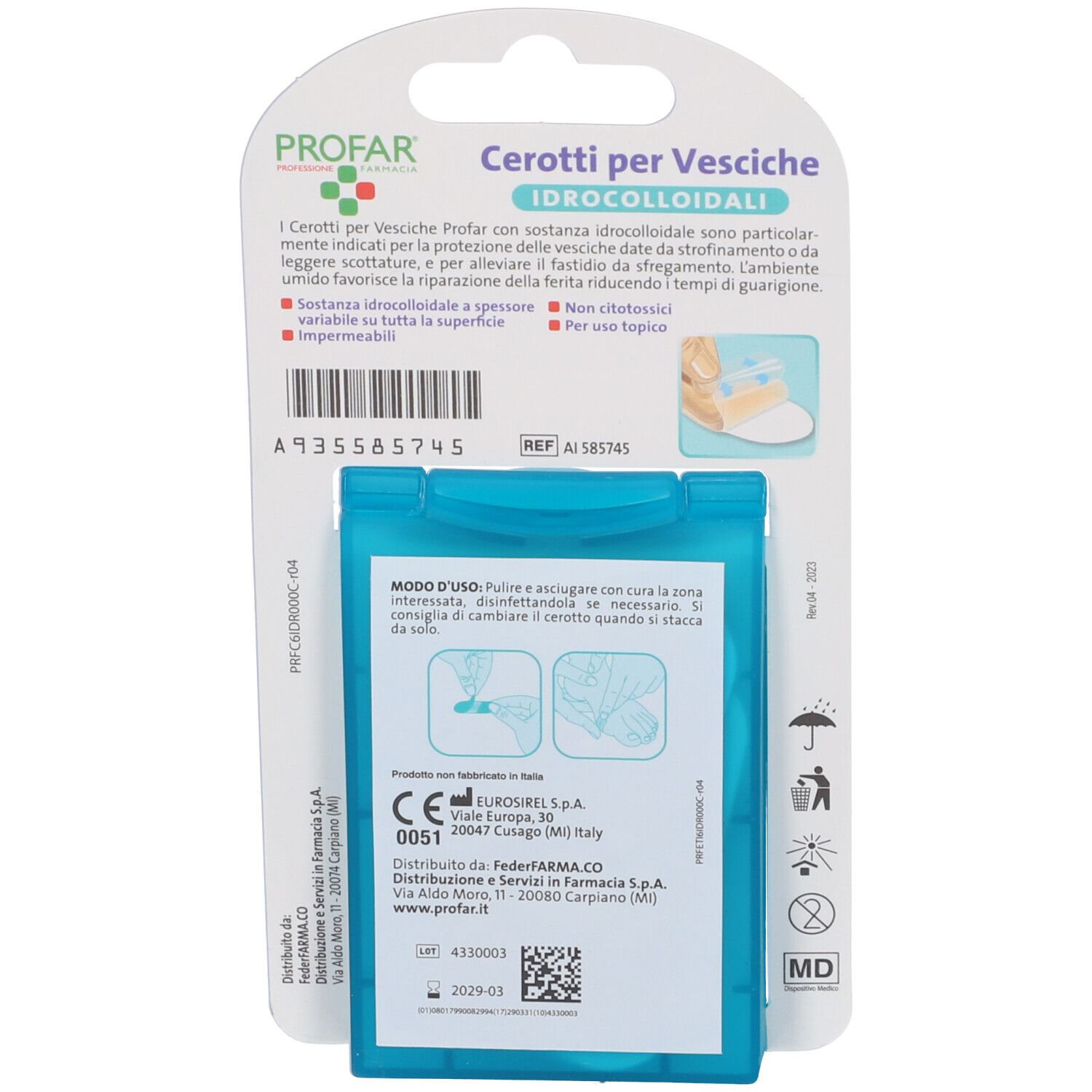 Retro della confezione blister. Testo: Cerotti per Vesciche Idrocolloidali. Istruzioni per l'uso. Marchio CE. Data di scadenza.