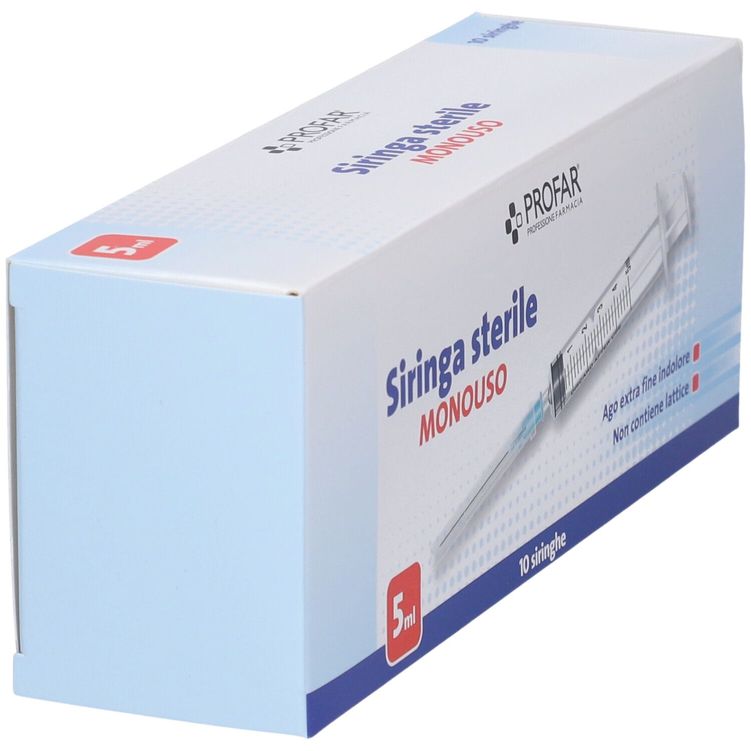 Confezione inclinata di PROFAR® Siringa Sterile Monouso 5 ml. Contiene 10 siringhe sterili monouso con ago. Scritta: Siringa sterile monouso.