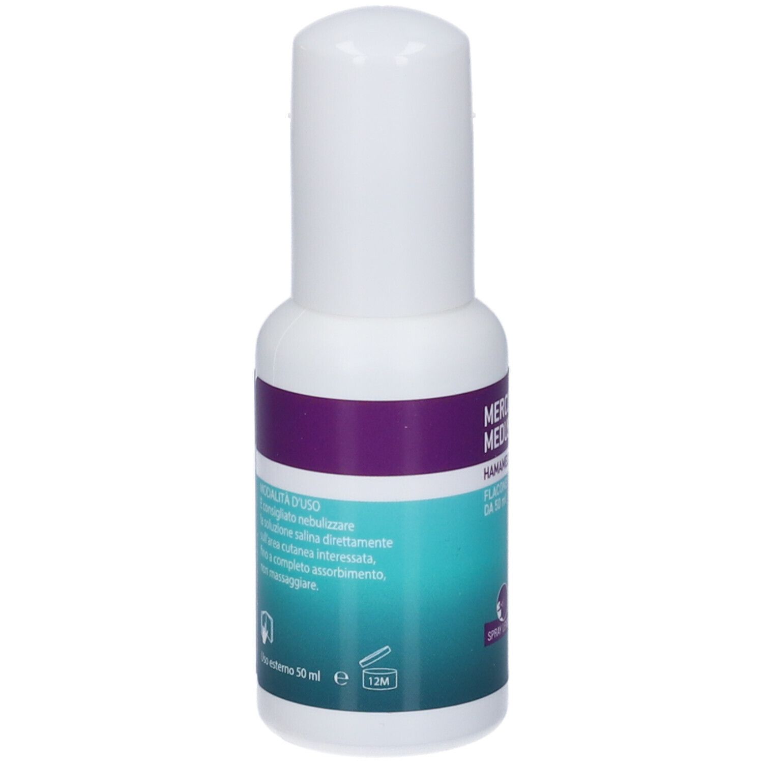 Retro del flacone spray bianco. Testo sull'uso. Scritta: Flacone da 50 ml. Simbolo 12M.