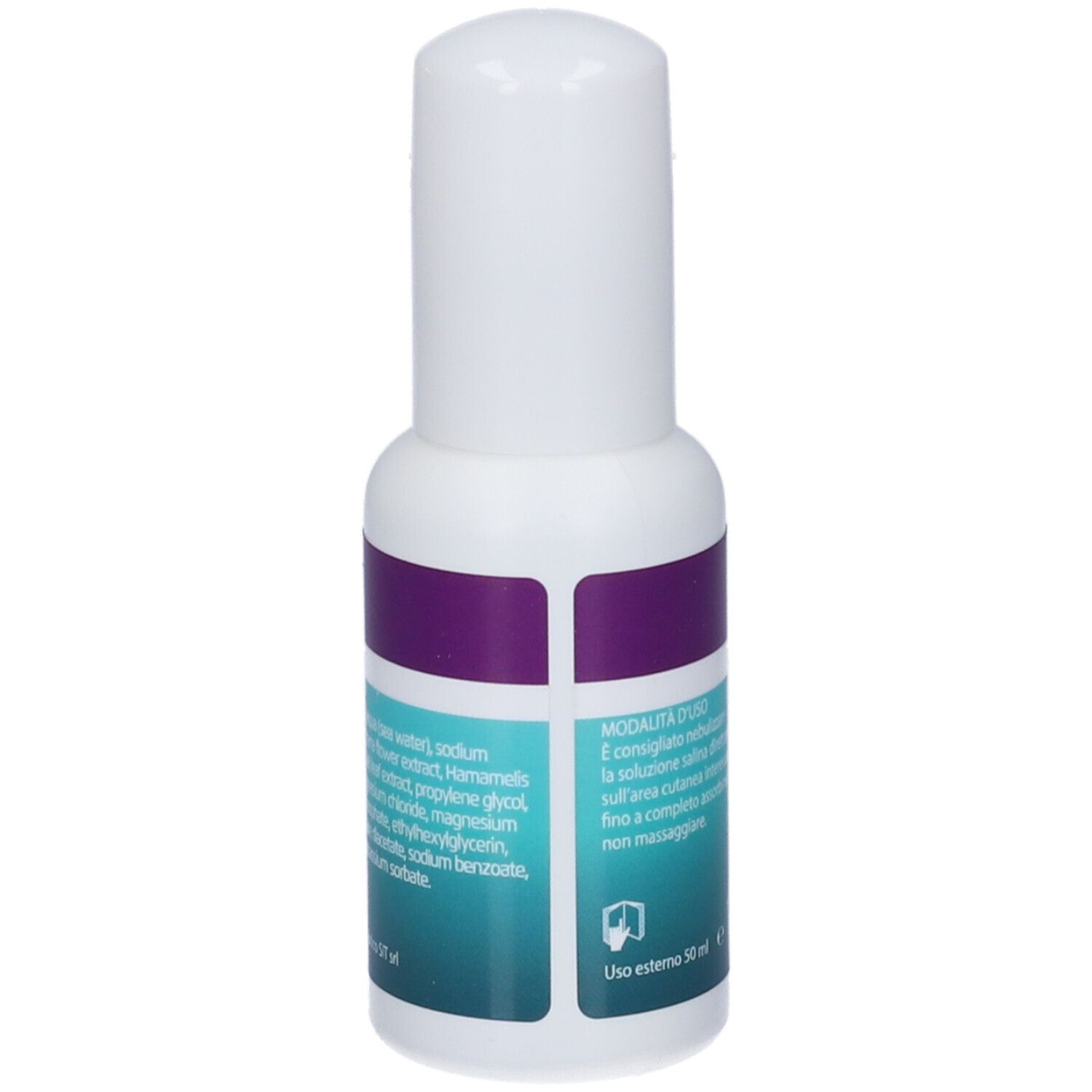 Retro del flacone spray bianco. Testo sull'uso. Scritta: Uso esterno. Ingredienti.