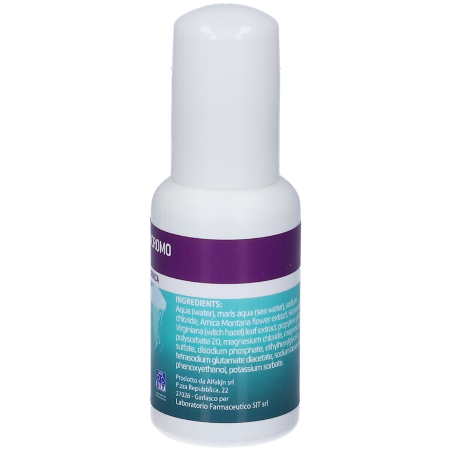 Retro del flacone spray bianco. Elenco degli ingredienti. Scritta: Laboratorio Farmaceutico SIT srl.