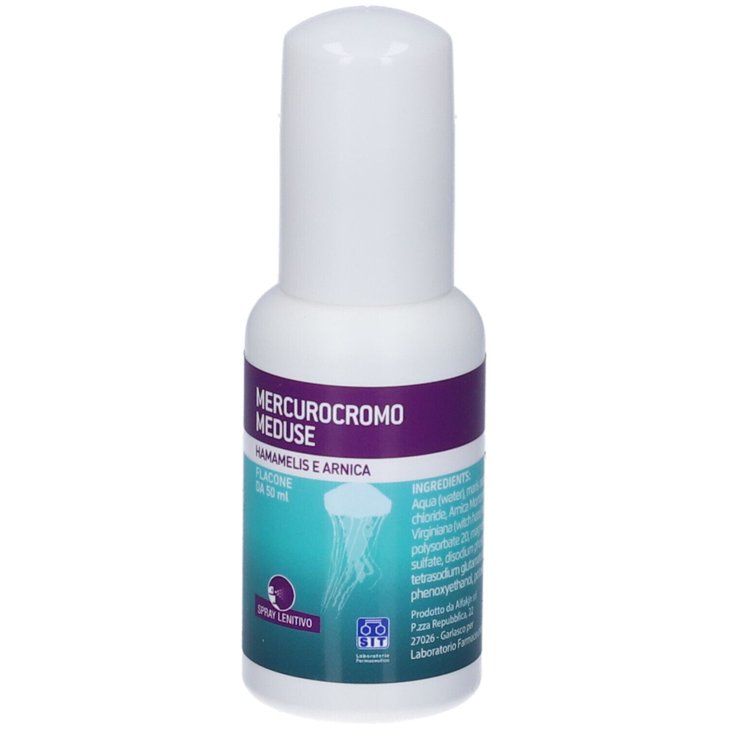 Flacone spray bianco con etichetta viola e turchese. Scritta: Mercurocromo Meduse, Hamamelis e Arnica. Illustrazione di una medusa.