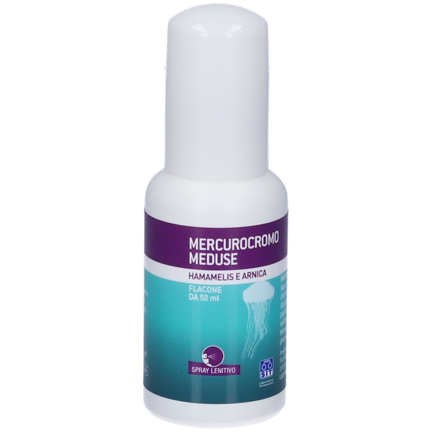 Flacone spray Mercurocromo Meduse. Contenitore bianco con etichetta viola e turchese. Testo: Hamamelis e Arnica, Spray lenitivo.