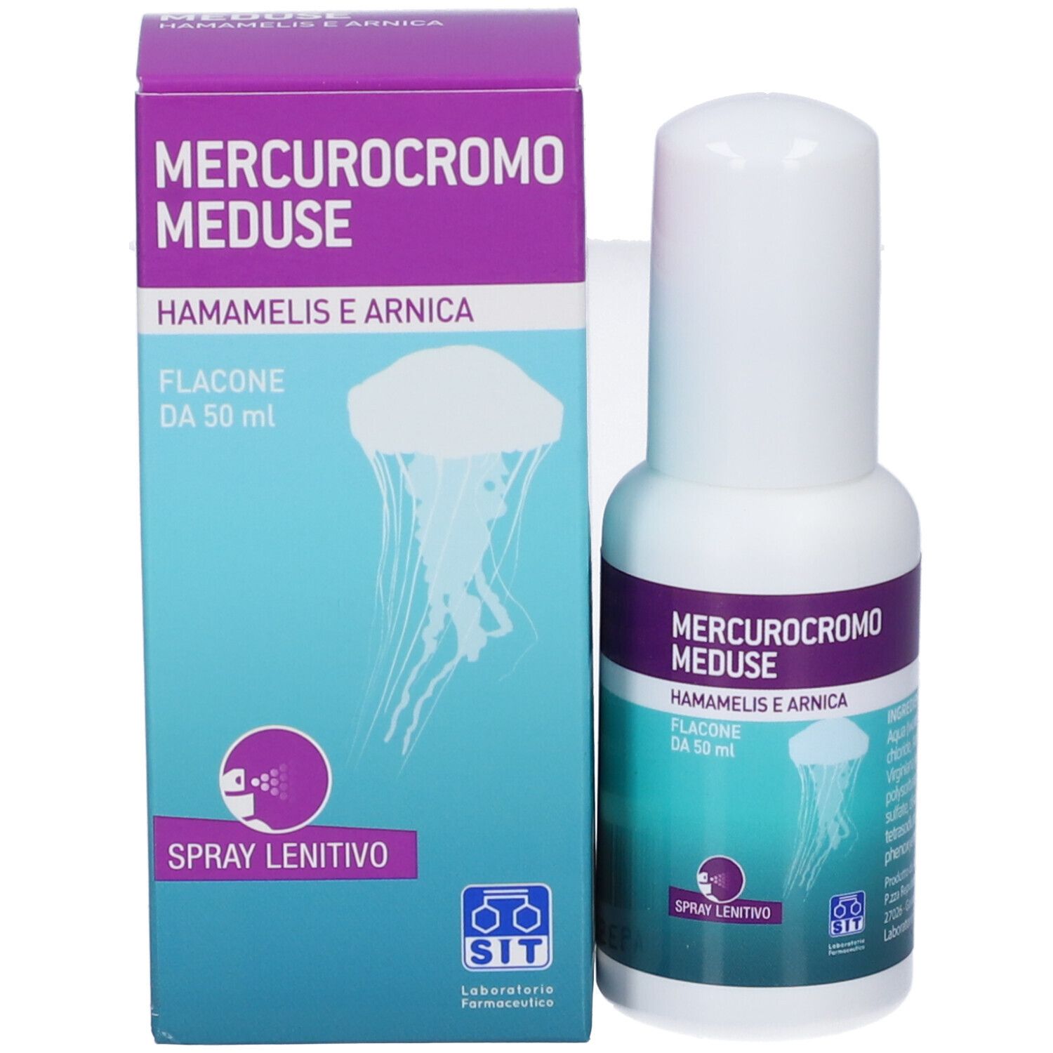 Confezione del prodotto e flacone spray. Scritta: Mercurocromo Meduse, Hamamelis e Arnica. Illustrazione di una medusa. Flacone da 50 ml.