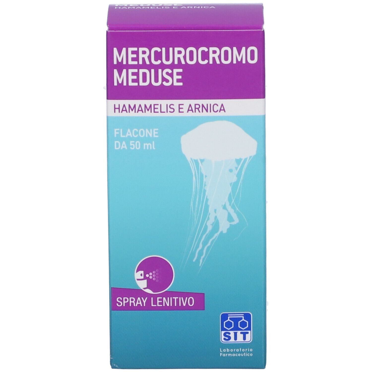 Confezione del prodotto. Scritta: Mercurocromo Meduse, Hamamelis e Arnica. Illustrazione di una medusa. Flacone da 50 ml.