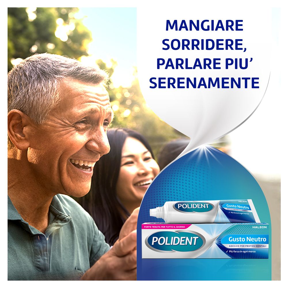 Una coppia sorridente. Due tubi Polident. Scritta: GUSTO NEUTRO. Adesivo per protesi dentali.