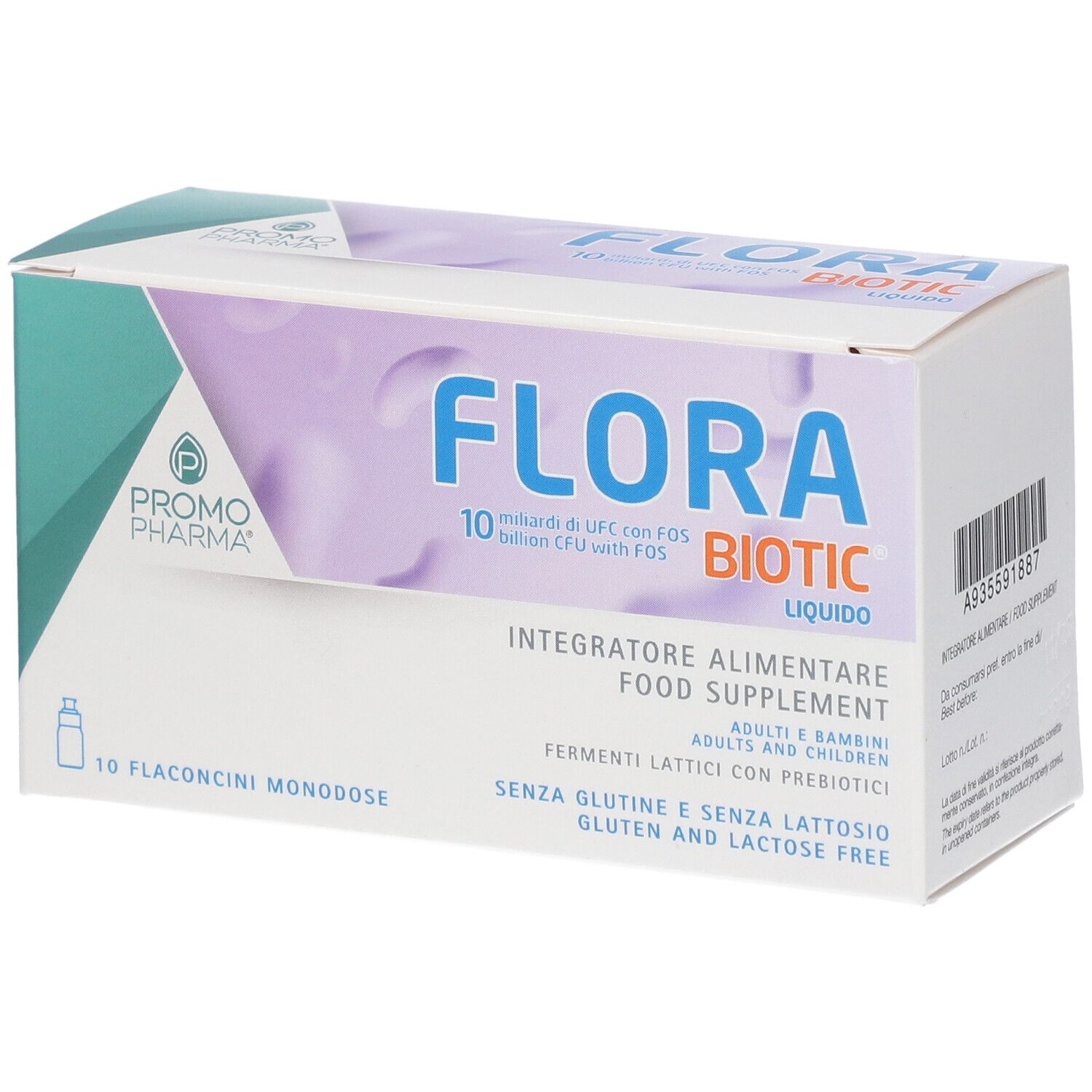 Confezione Flora Biotic. Scritta: 10 miliardi di UFC con FOS. 10 flaconcini monodose. Marchio Promo Pharma.