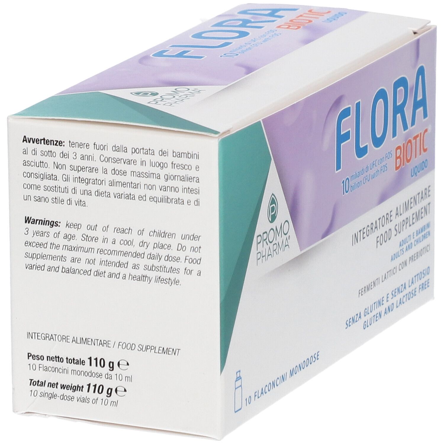 Retro confezione Flora Biotic. Testo sulle precauzioni e ingredienti. Peso netto 110g.