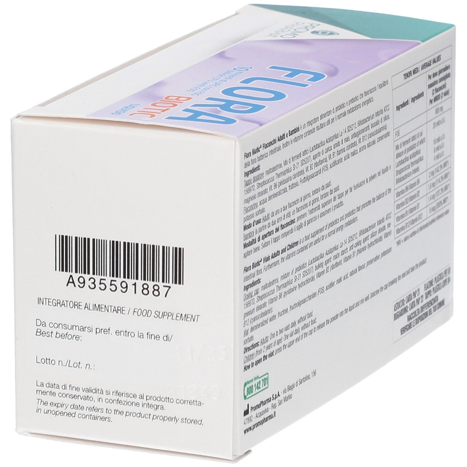 Dettaglio confezione Flora Biotic. Codice a barre e numero di lotto. Testo: Integratore Alimentare.