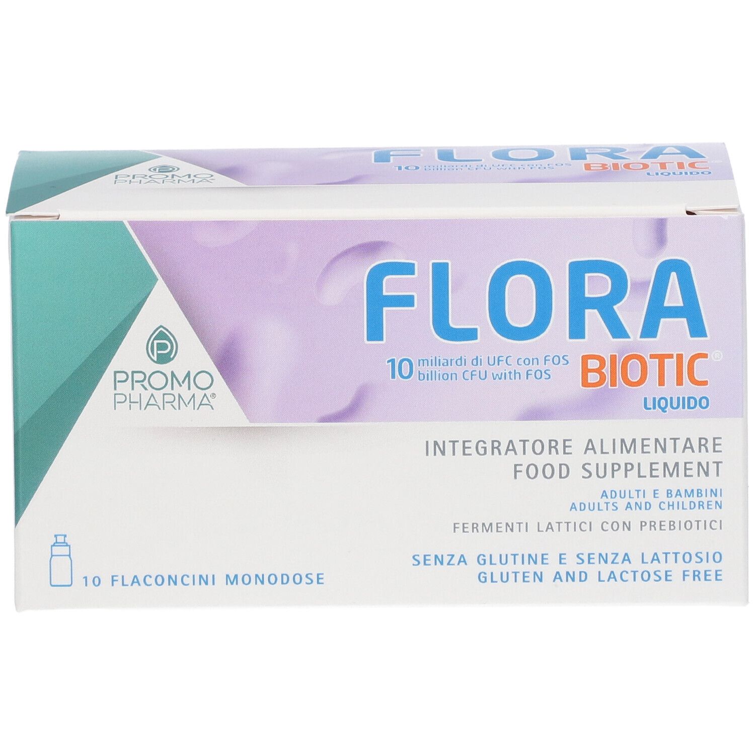 Confezione Flora Biotic. Scritta: 10 miliardi di UFC con FOS. 10 flaconcini monodose. Marchio Promo Pharma.