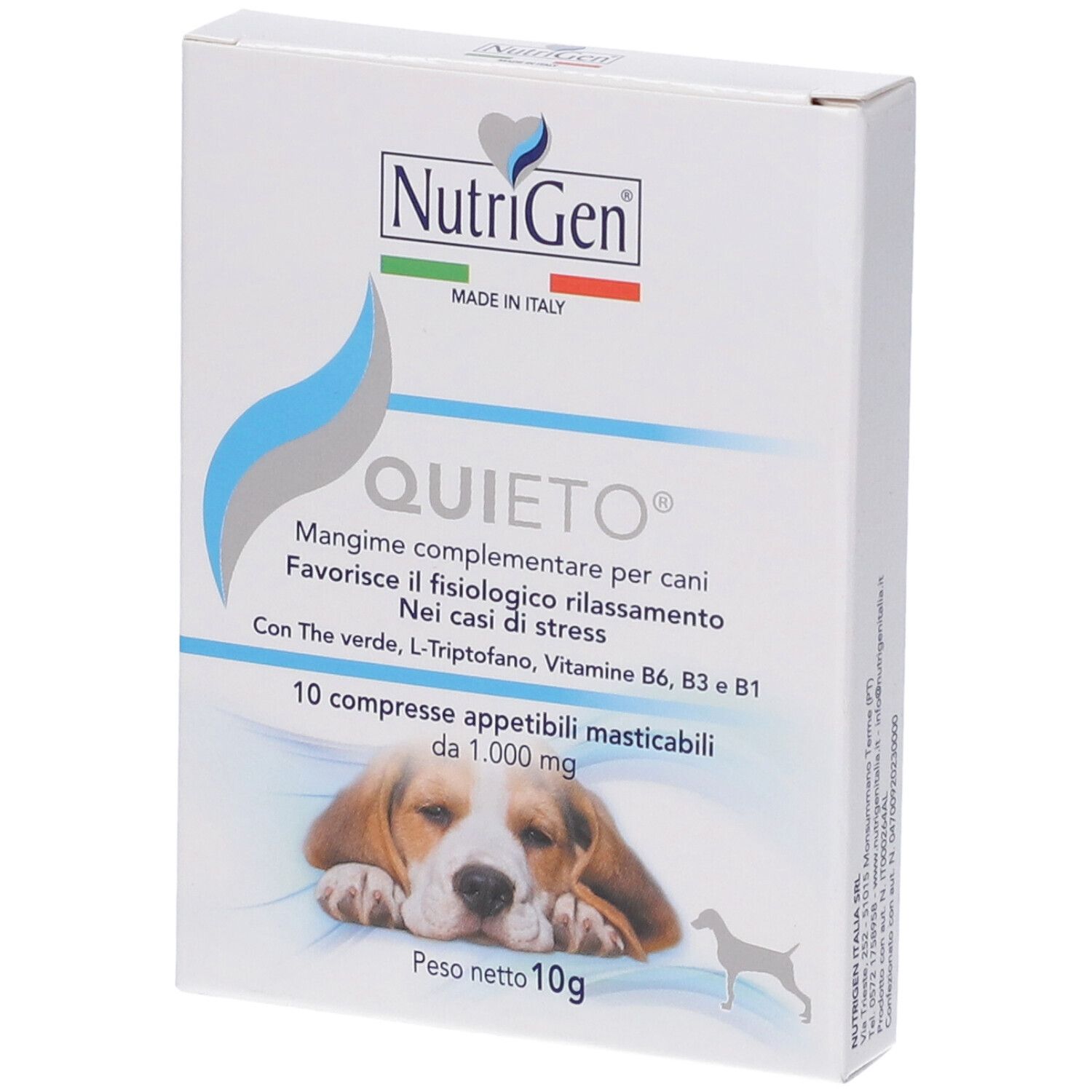 Confezione di Quieto Cane 10 Compresse Nutrigen. Contiene 10 compresse. Immagine di cane sulla confezione.