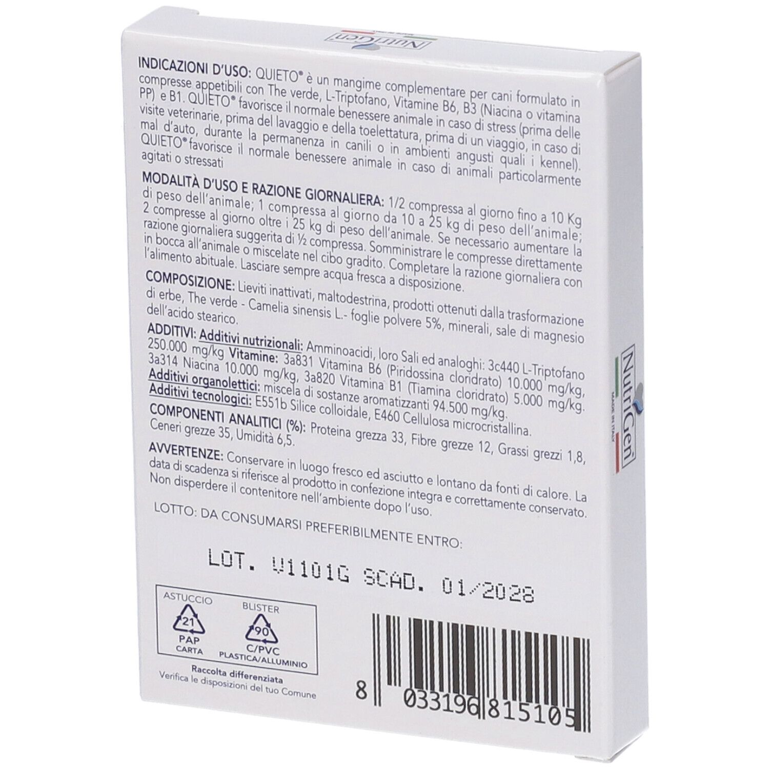 Retro della confezione Quieto Cane 10 Compresse Nutrigen. Testo e informazioni.