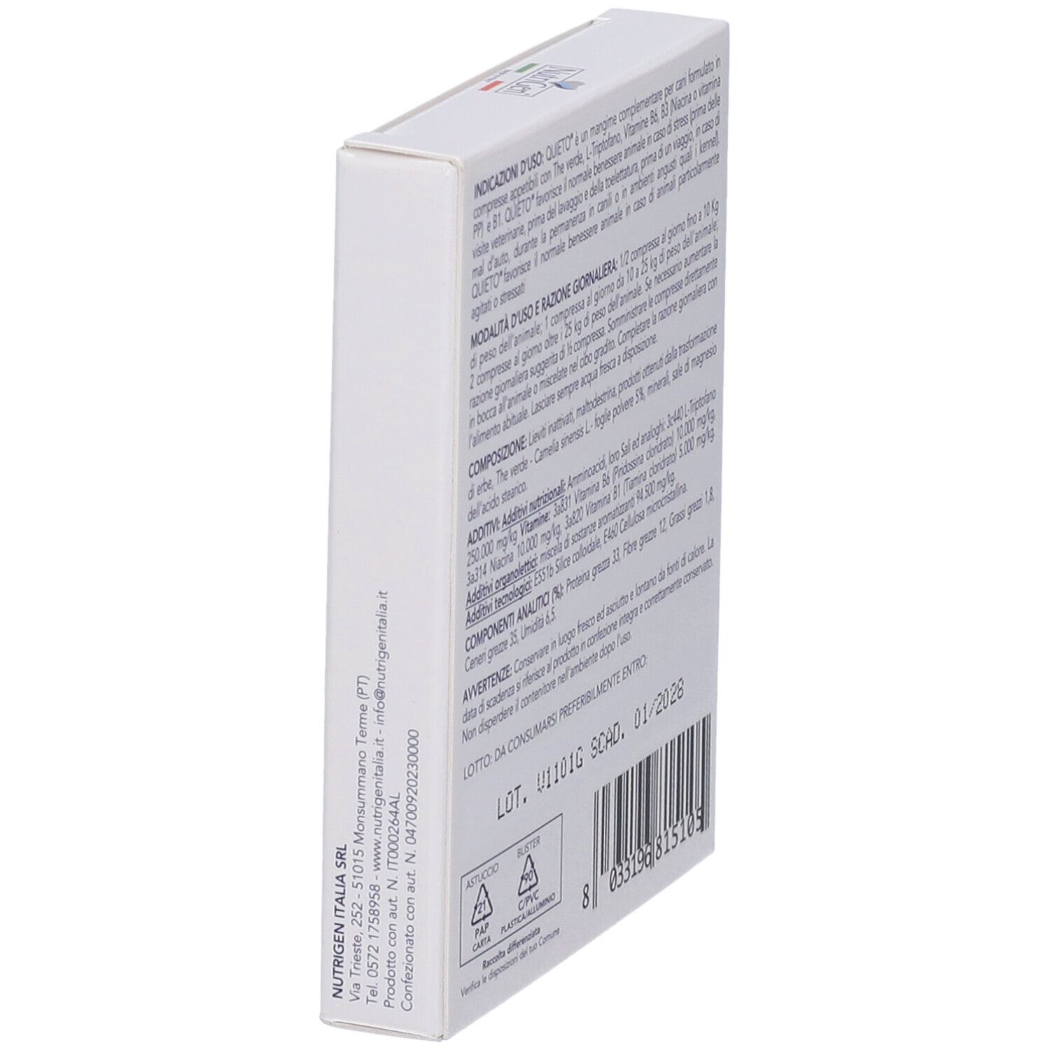 Vista laterale della confezione Quieto Cane 10 Compresse Nutrigen. Testo e informazioni.