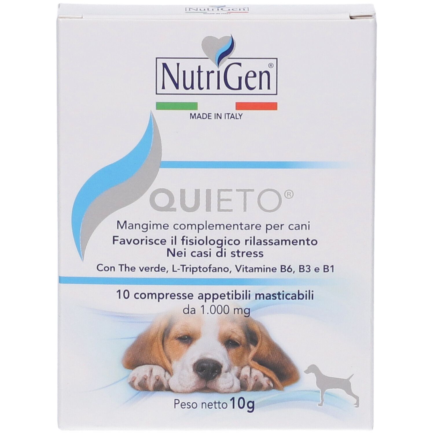 Confezione di Quieto Cane 10 Compresse Nutrigen. Contiene 10 compresse. Immagine di cane sulla confezione.