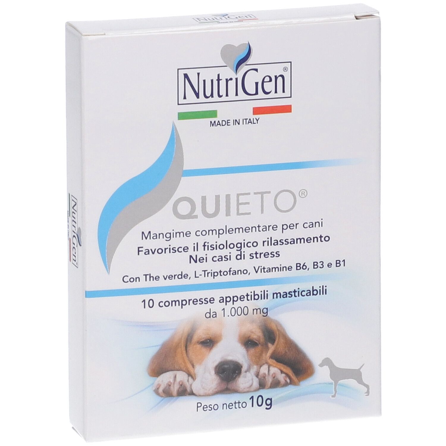 Confezione di Quieto Cane 10 Compresse Nutrigen. Contiene 10 compresse. Immagine di cane sulla confezione.