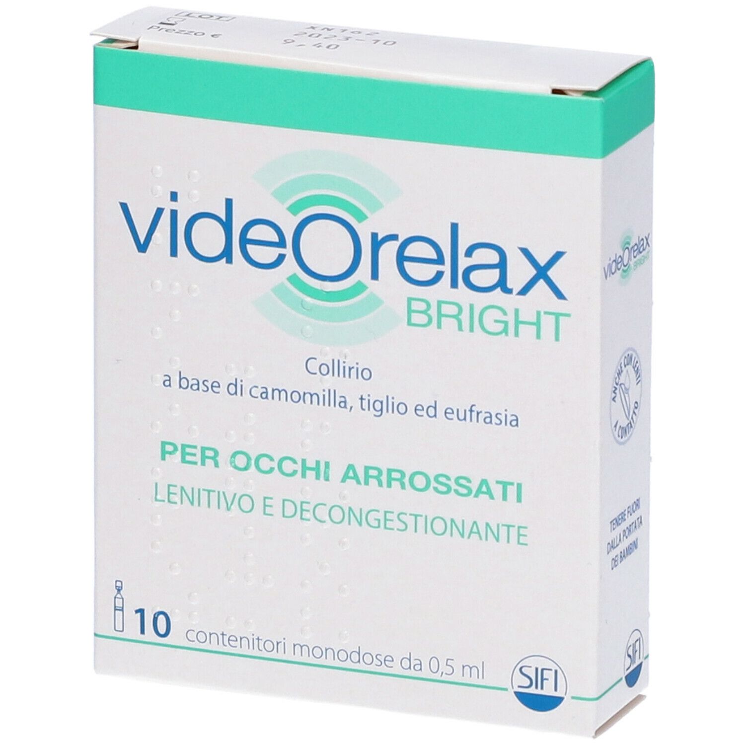 Confezione di videOrelax BRIGHT. Contiene 10 contenitori monodose. Testo: Per occhi arrossati, lenitivo e decongestionante.