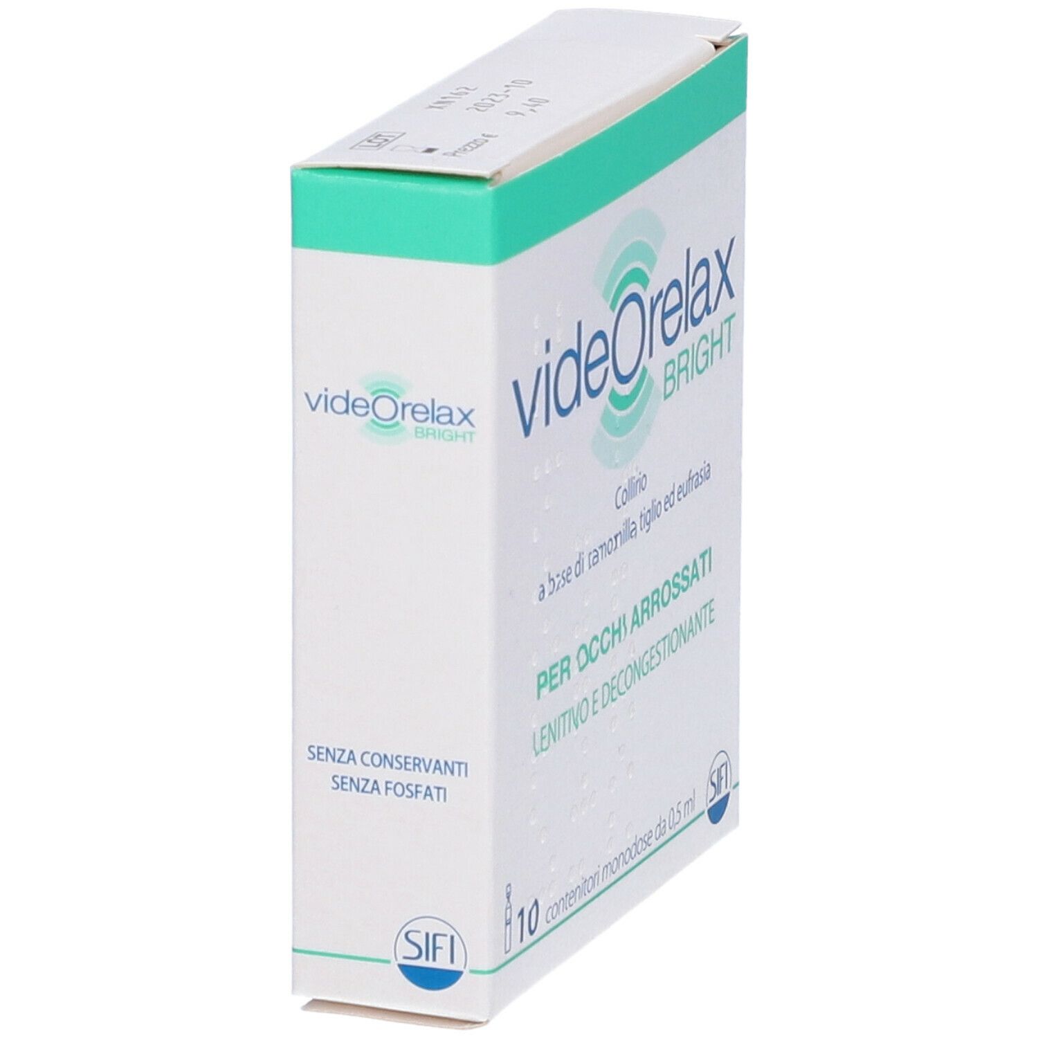 Confezione di videOrelax BRIGHT. Contiene 10 contenitori monodose. Testo: Per occhi arrossati, lenitivo e decongestionante.