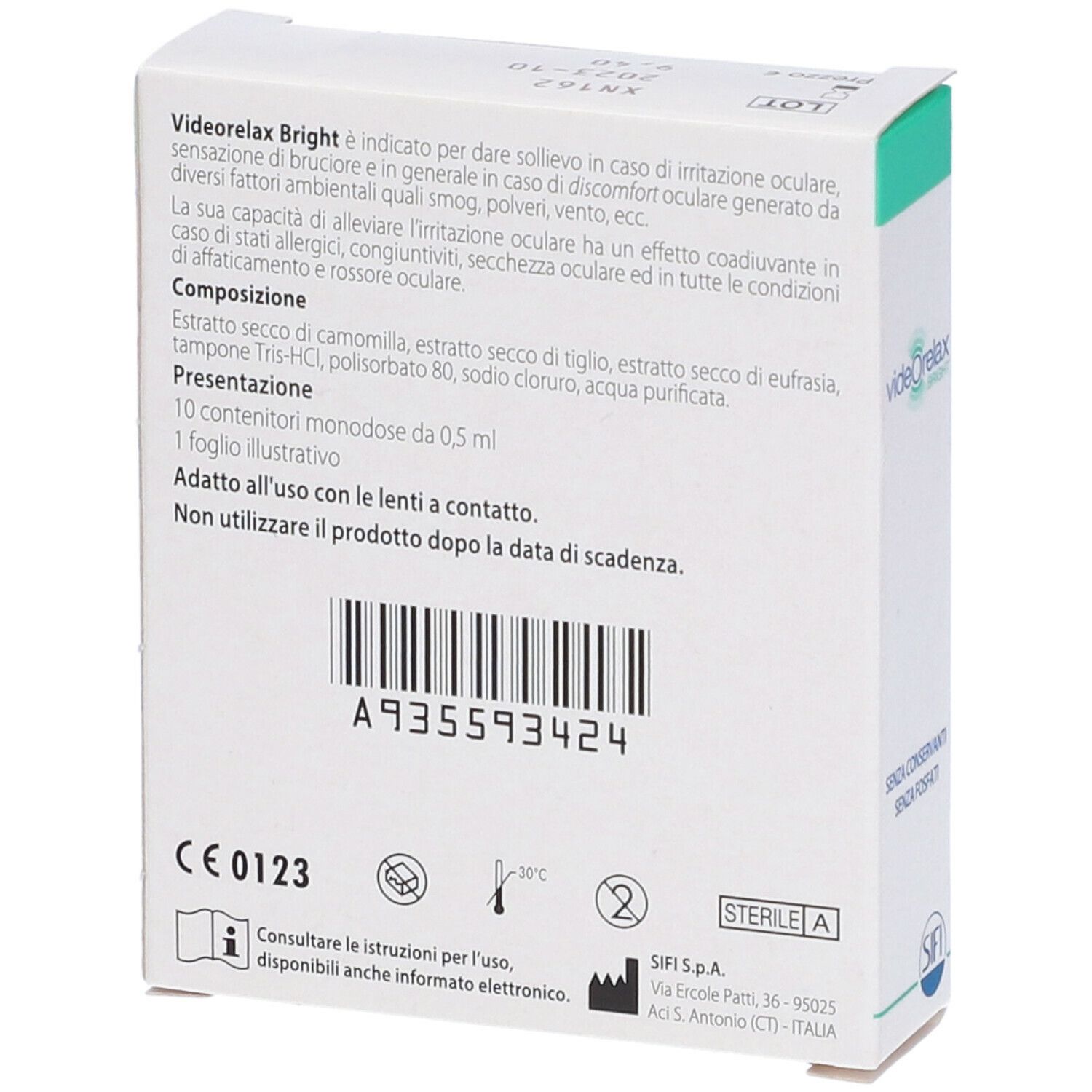 Retro della confezione di videOrelax BRIGHT. Contiene informazioni e ingredienti. Marchio CE.